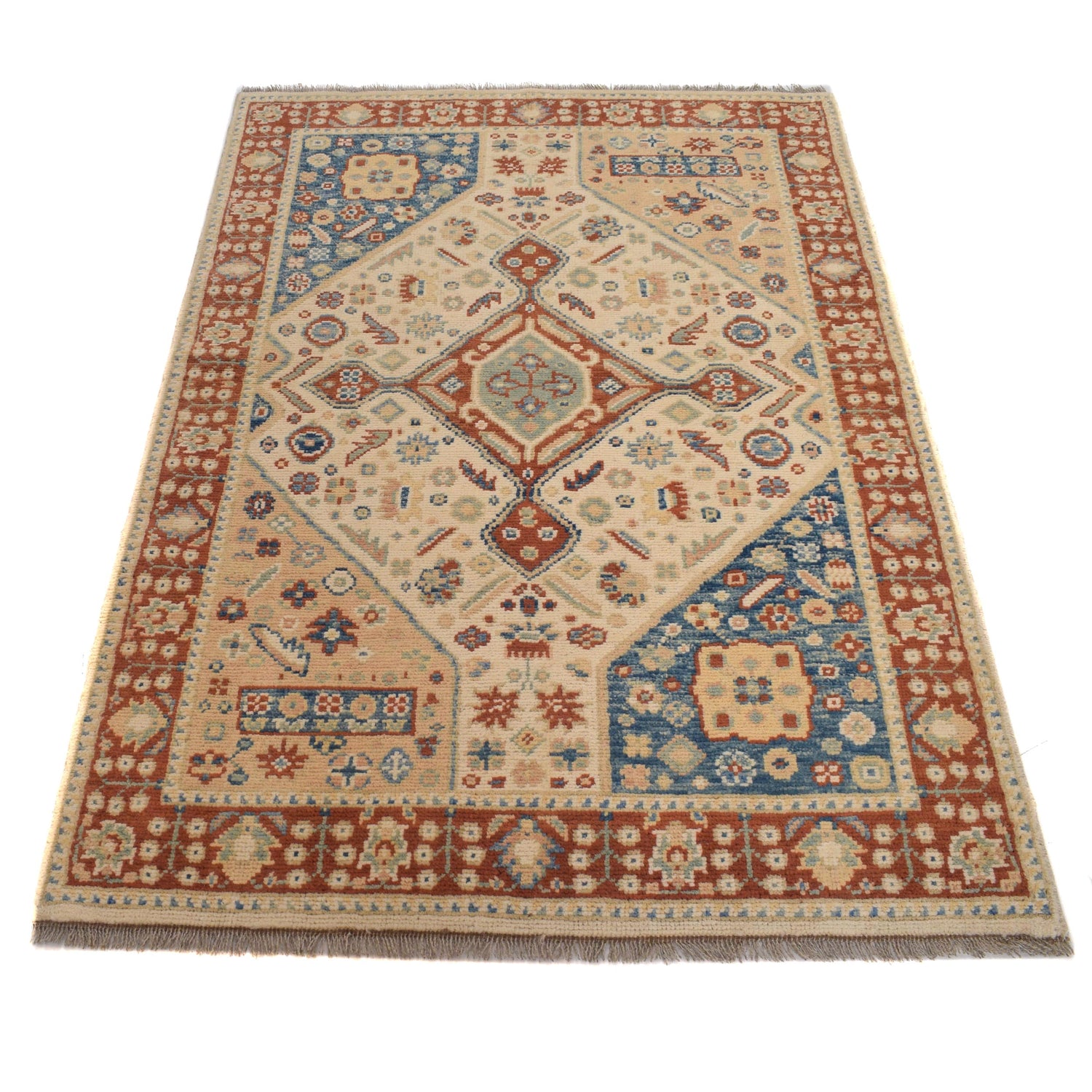 Oushak Area Rug Handmade Beige Floral 4x6 ft
