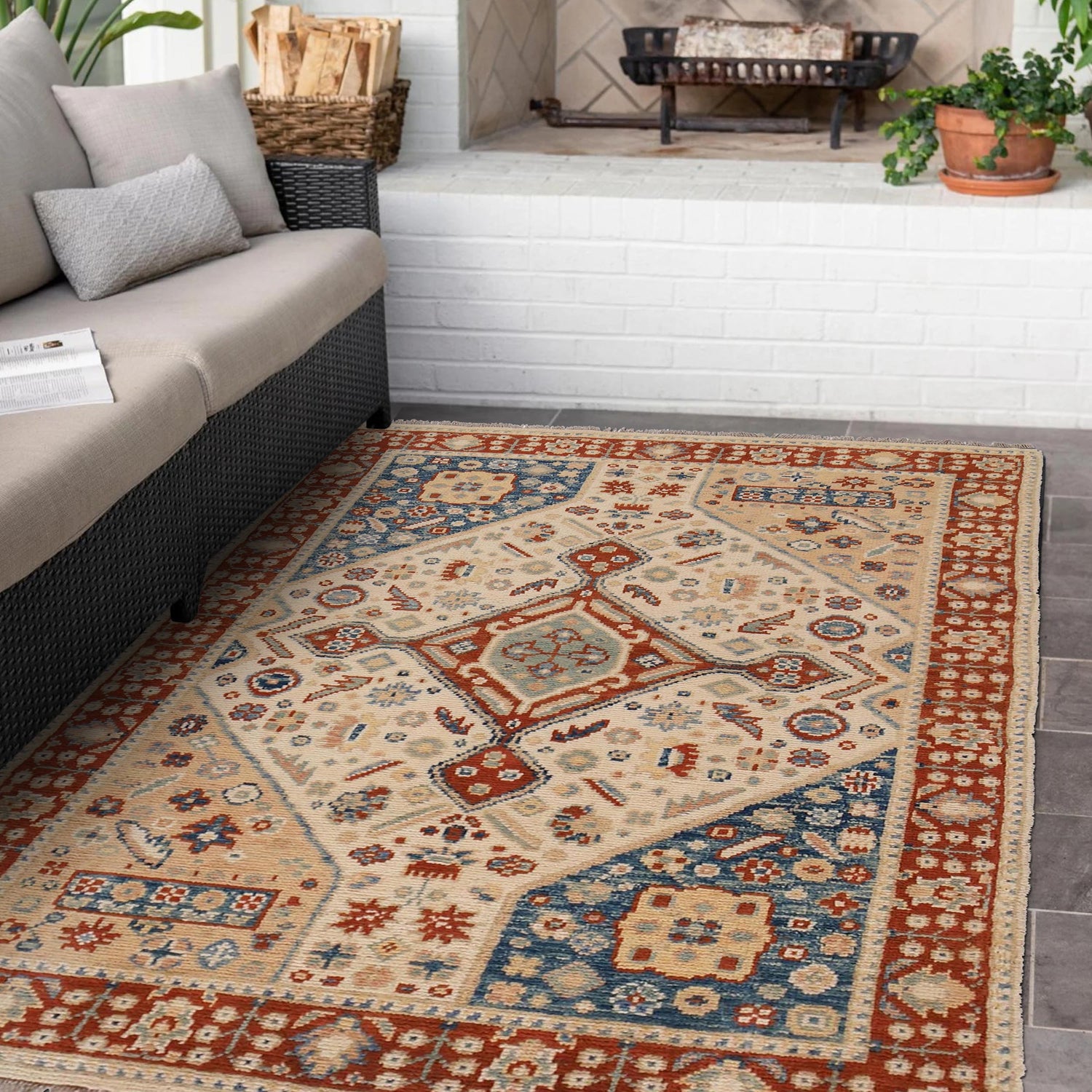 Oushak Area Rug Handmade Beige Floral 4x6 ft