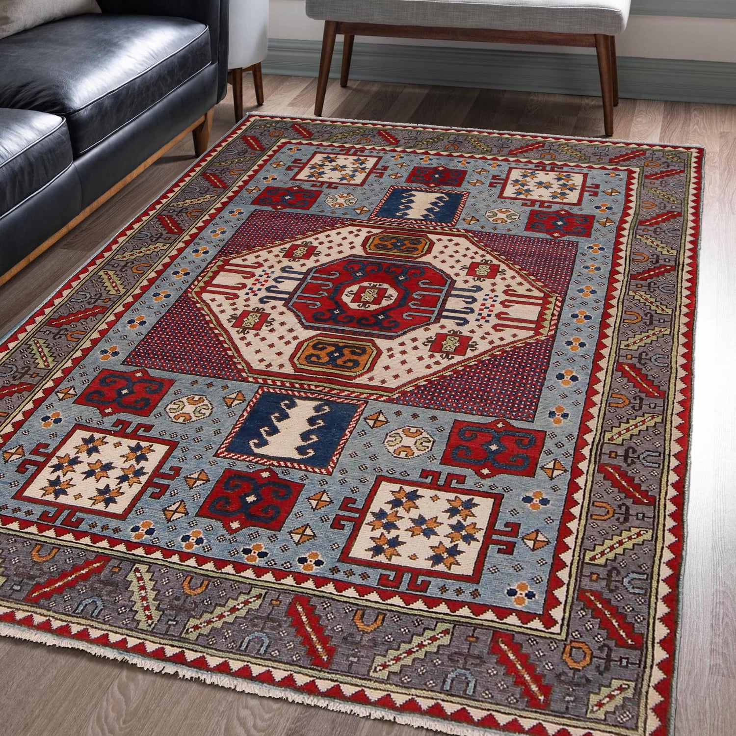Mamluk Area Rug Handmade Multi Medallion 4x7 ft