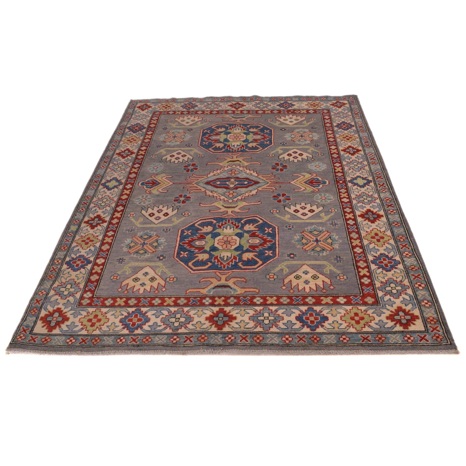 Kazak Rug Handmade Gray Medallion 4x7 ft