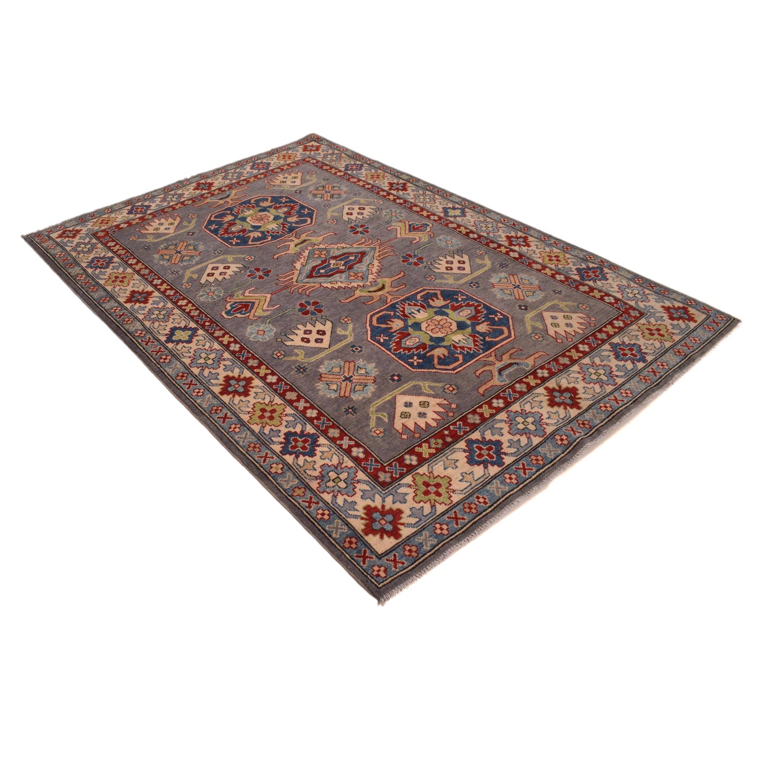 Kazak Rug Handmade Gray Medallion 4x7 ft
