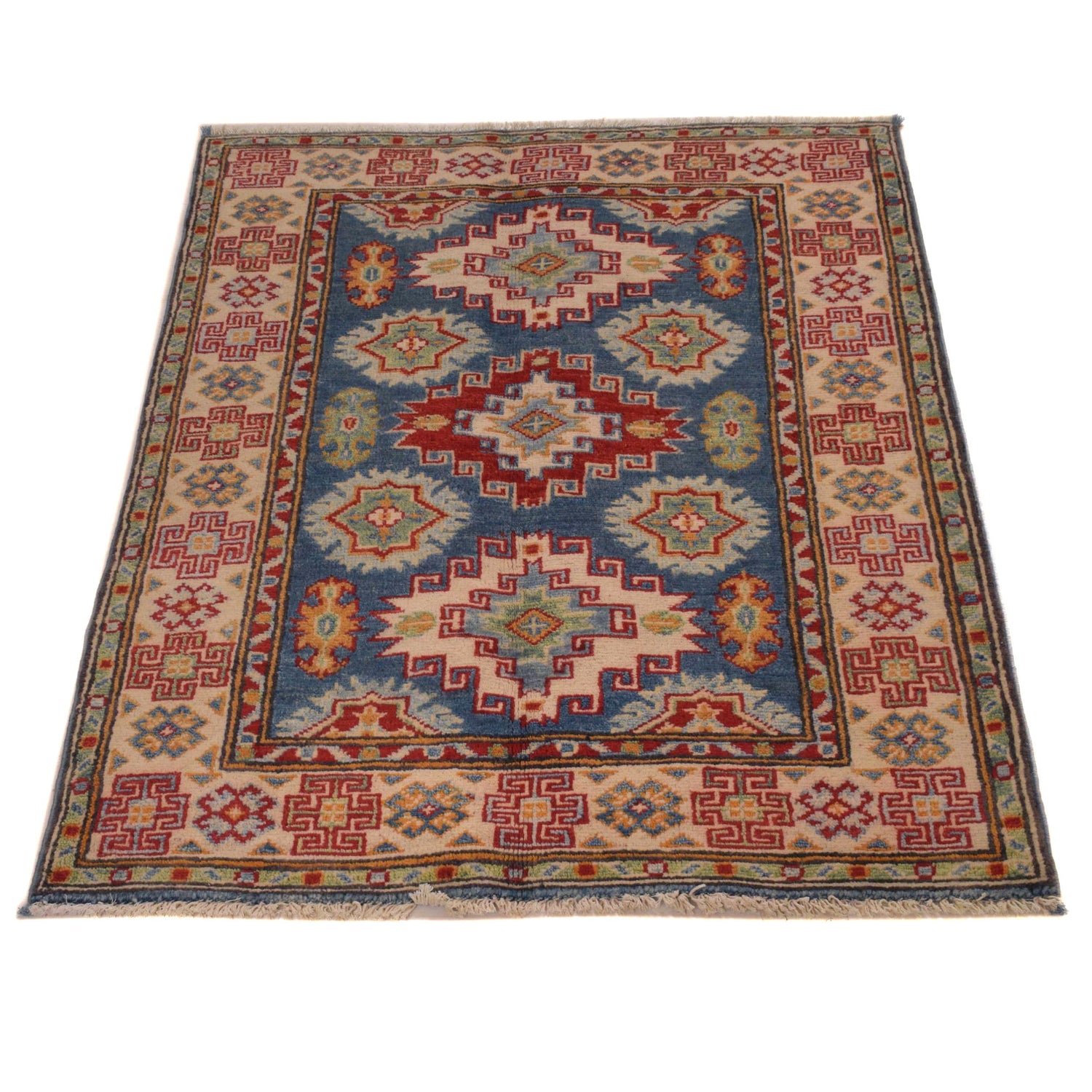 Kazak Rug Handmade Blue Medallion 2x4 ft