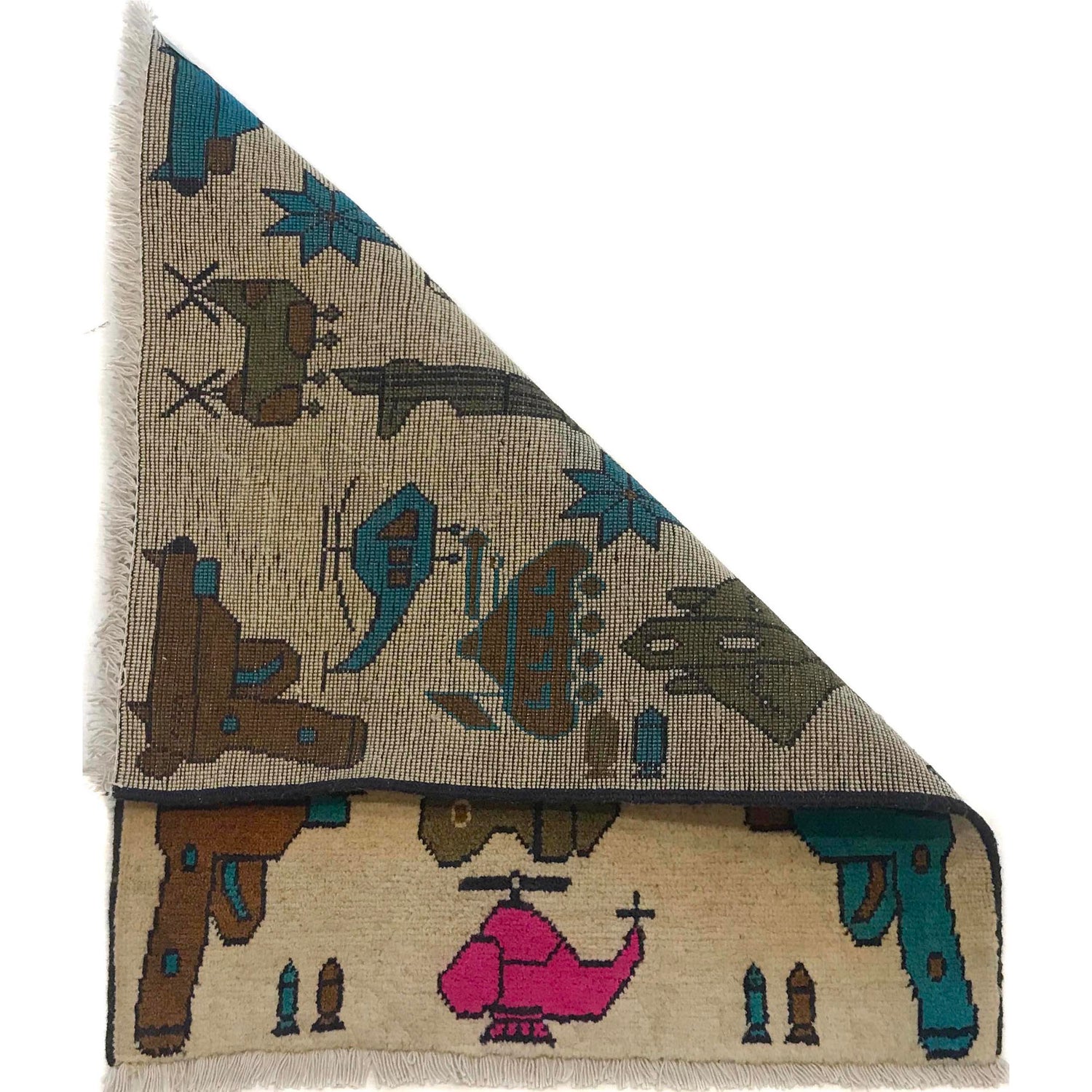 War Area Rug Handmade Beige Riffle + Tanks + Aeroplane 2 x