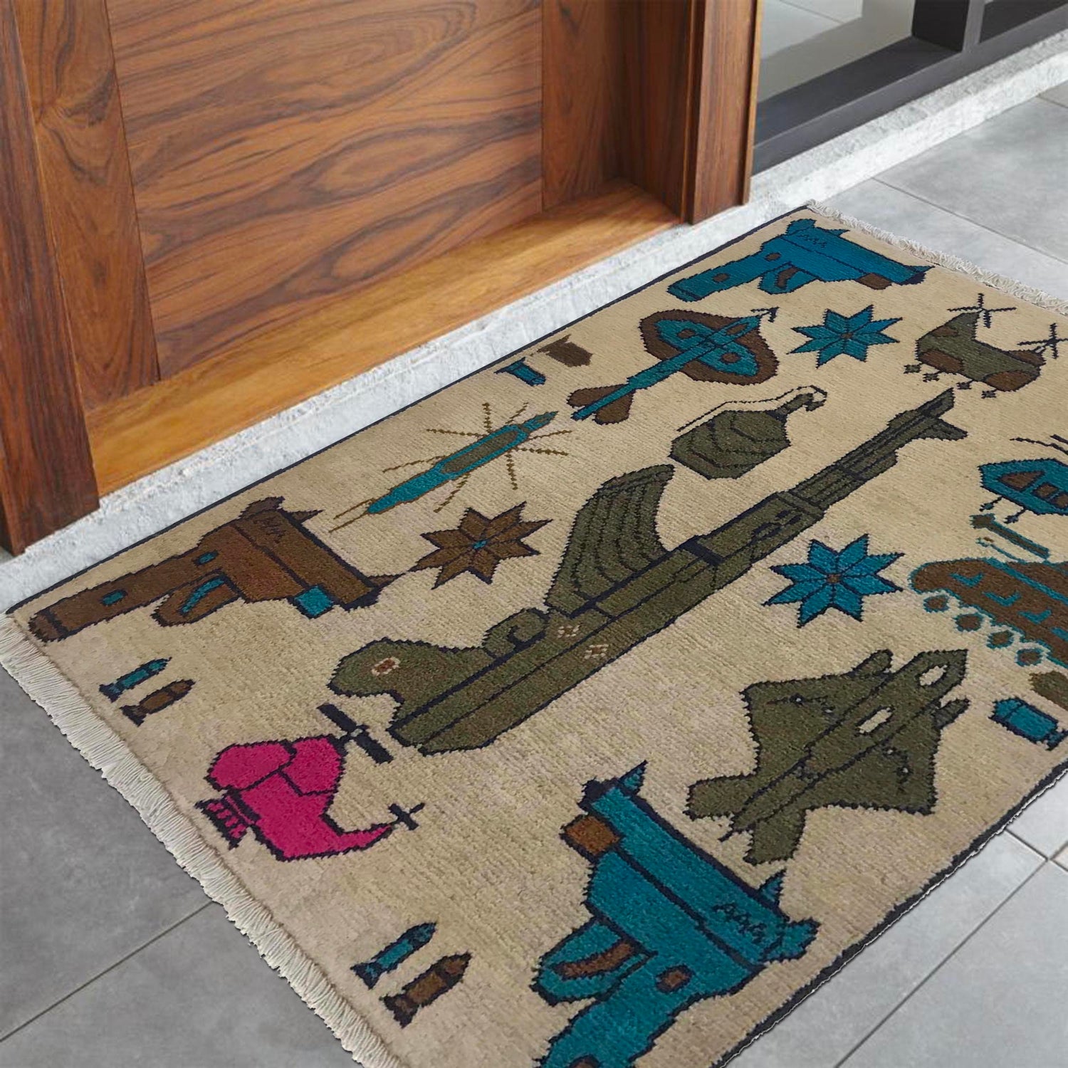 War Area Rug Handmade Beige Riffle + Tanks + Aeroplane 2 x