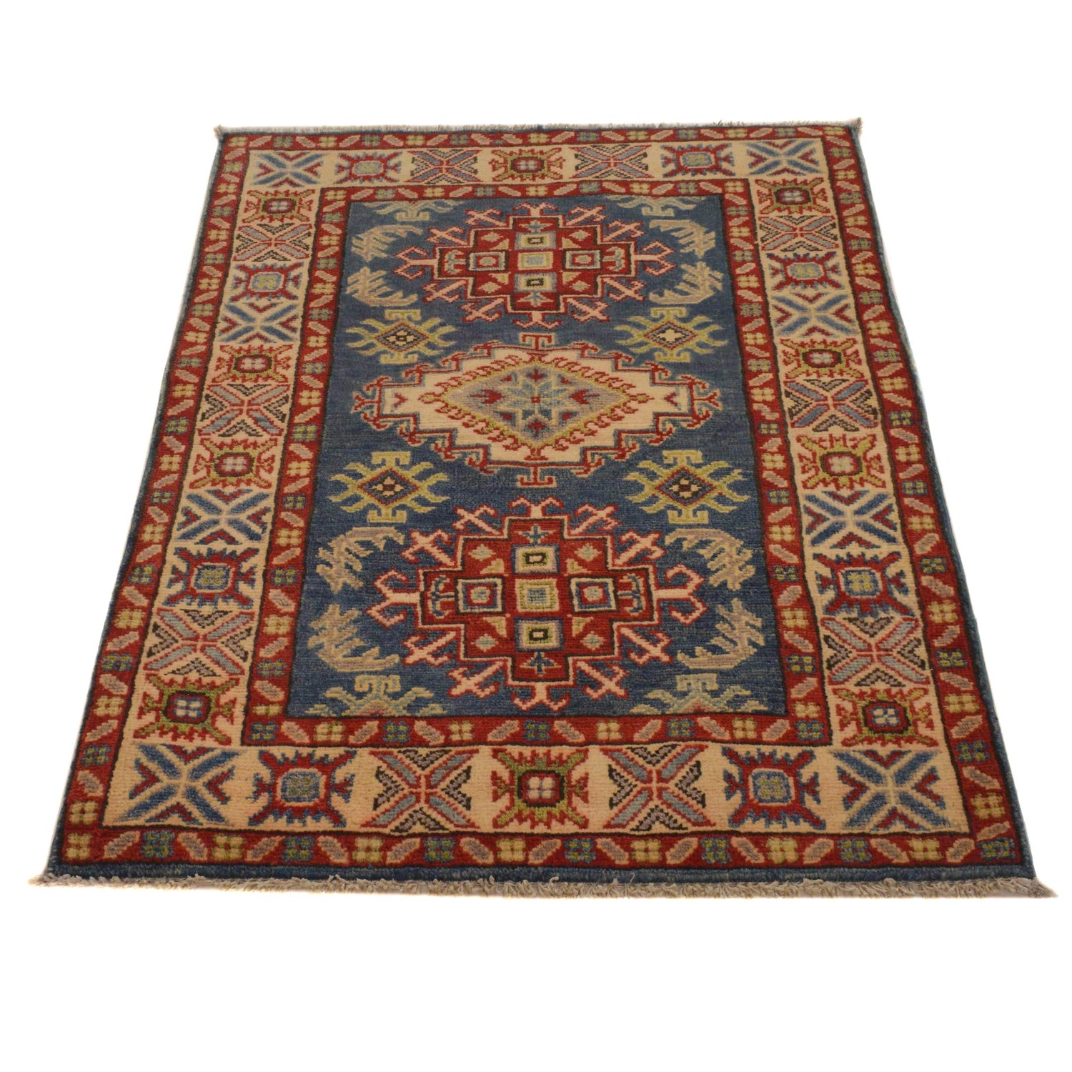 Kazak Rug Handmade Blue Medallion 2x4 ft