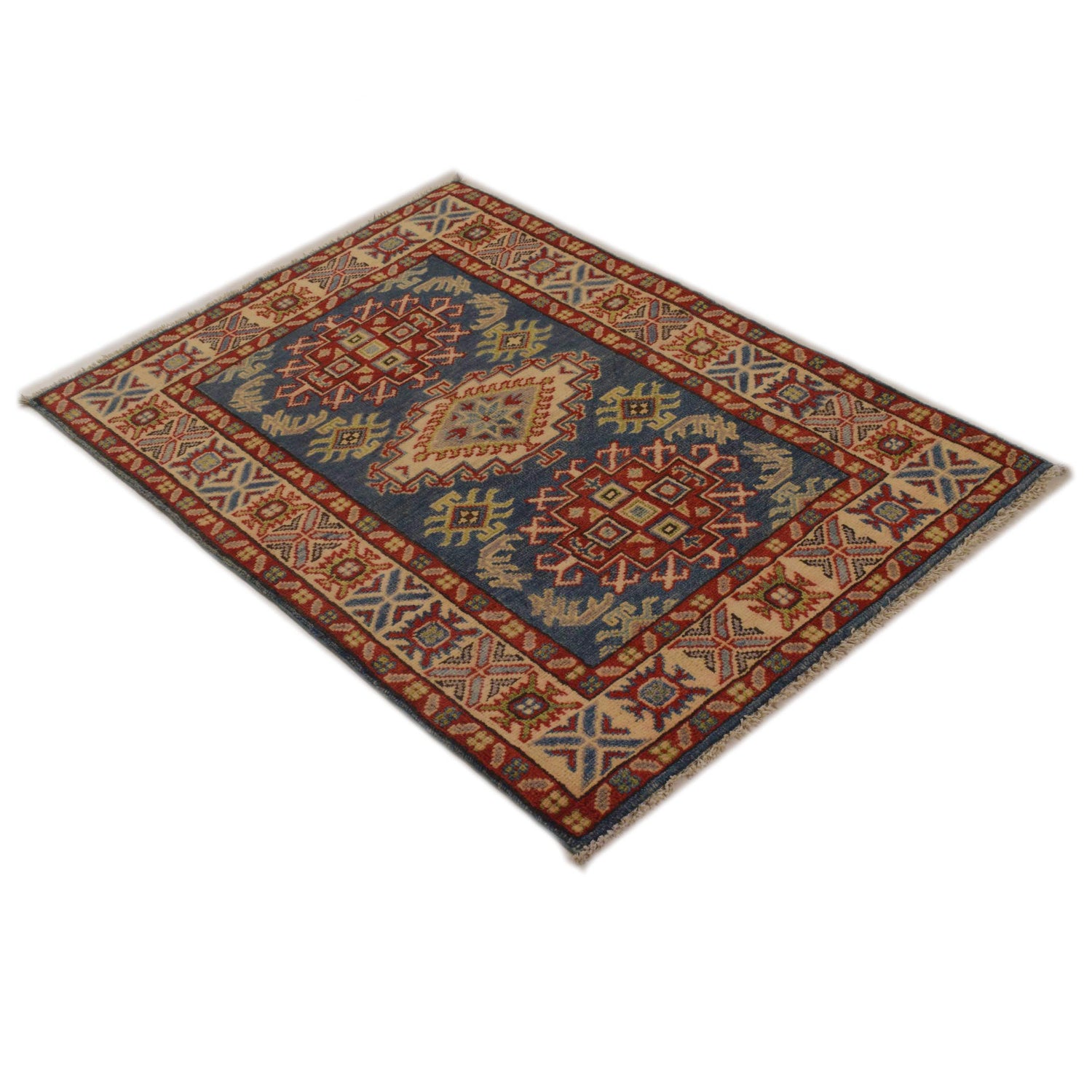 Kazak Rug Handmade Blue Medallion 2x4 ft