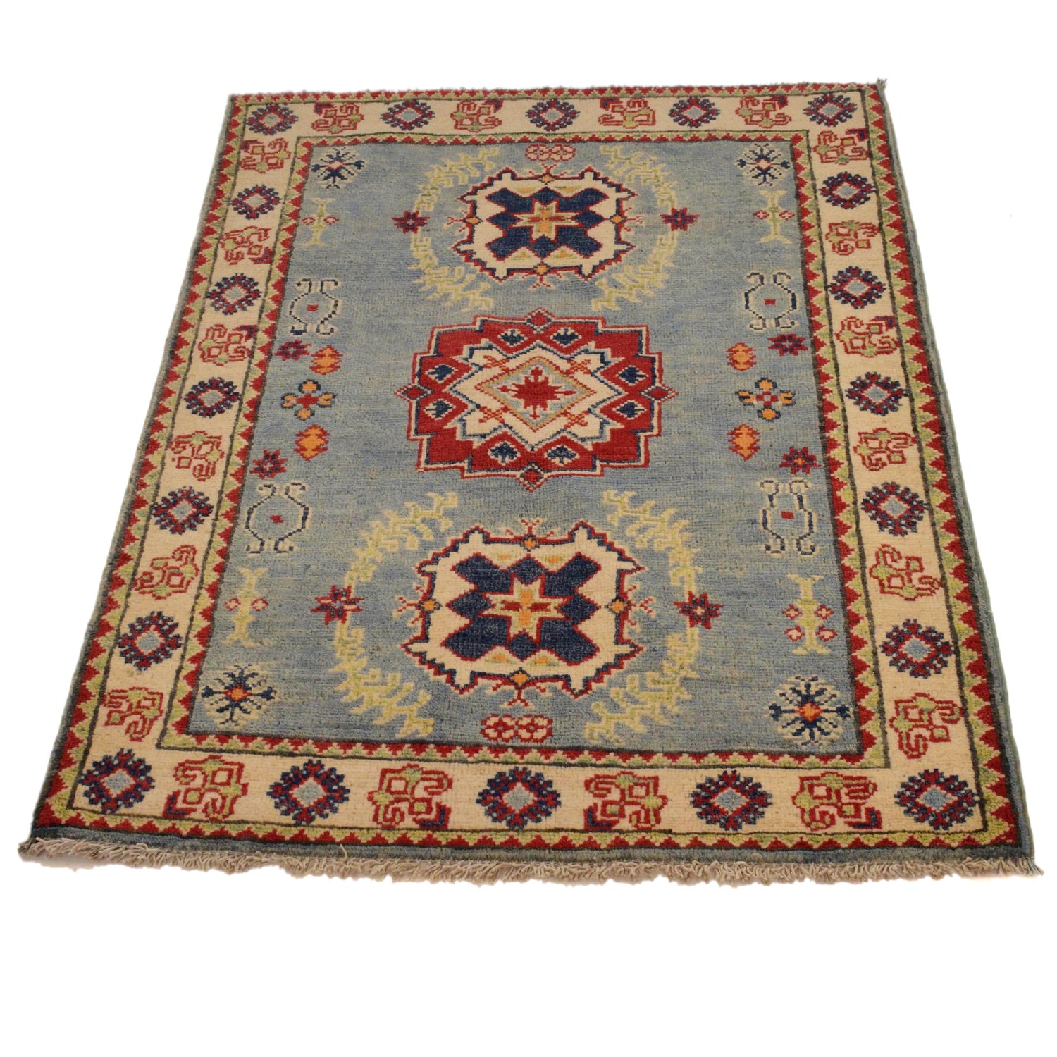 Kazak Rug Handmade Blue Medallion 2x4 ft