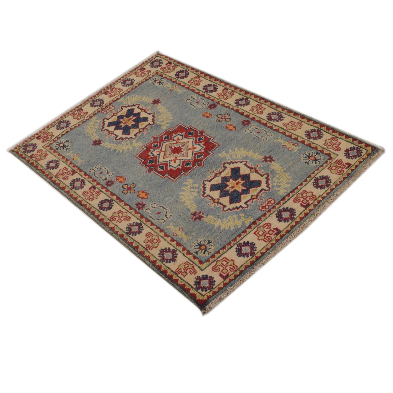 Kazak Rug Handmade Blue Medallion 2x4 ft