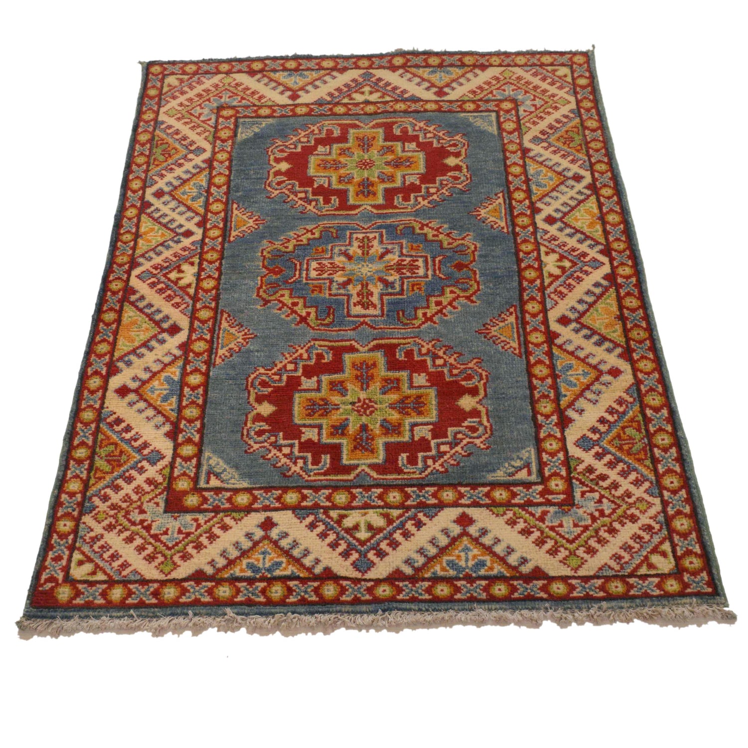 Kazak Rug Handmade Blue Medallion 2x4 ft