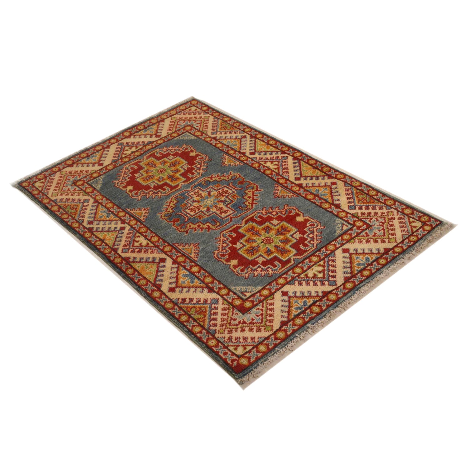 Kazak Rug Handmade Blue Medallion 2x4 ft