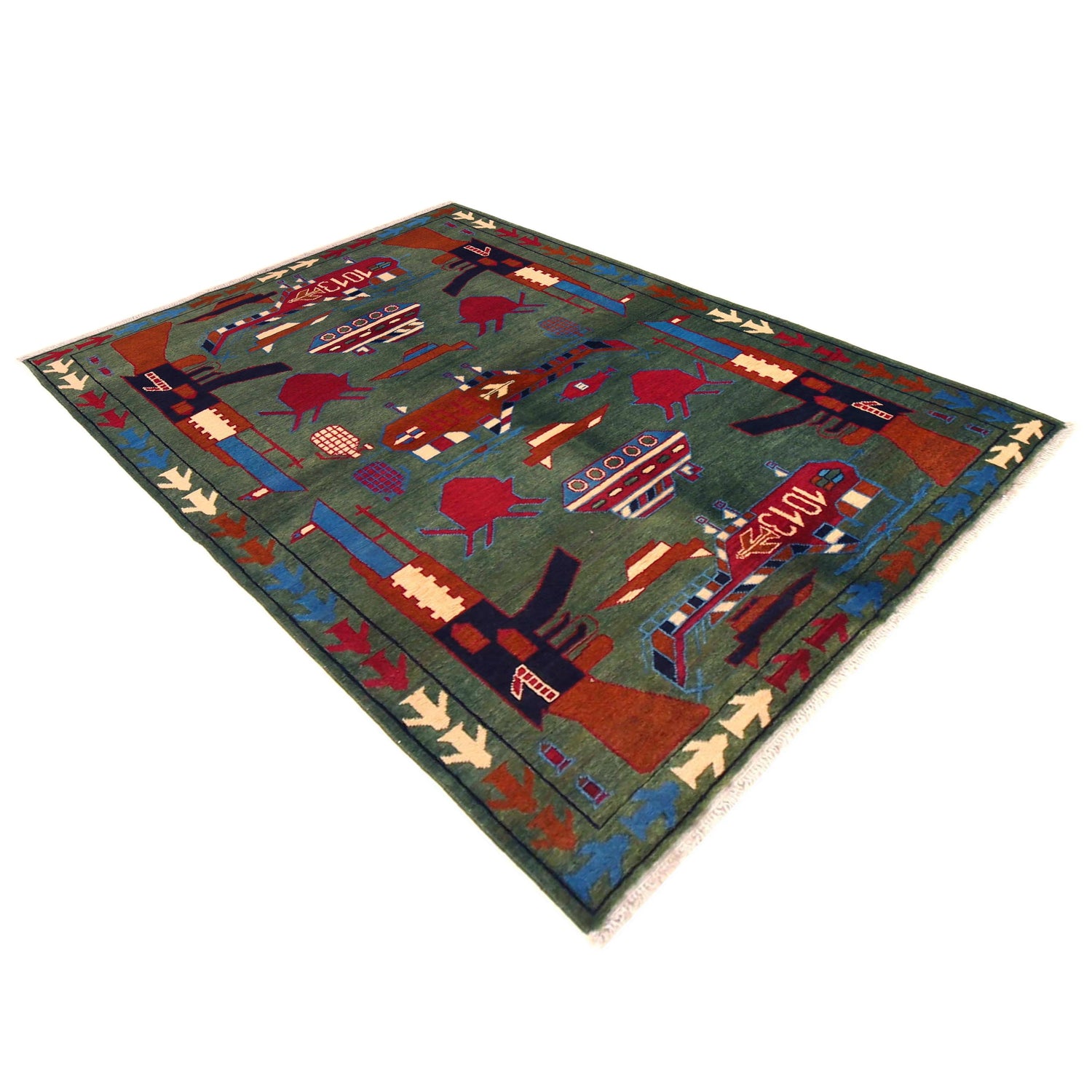 War Area Rug Handmade Green Tank + Helicopter + Riffle 4x6