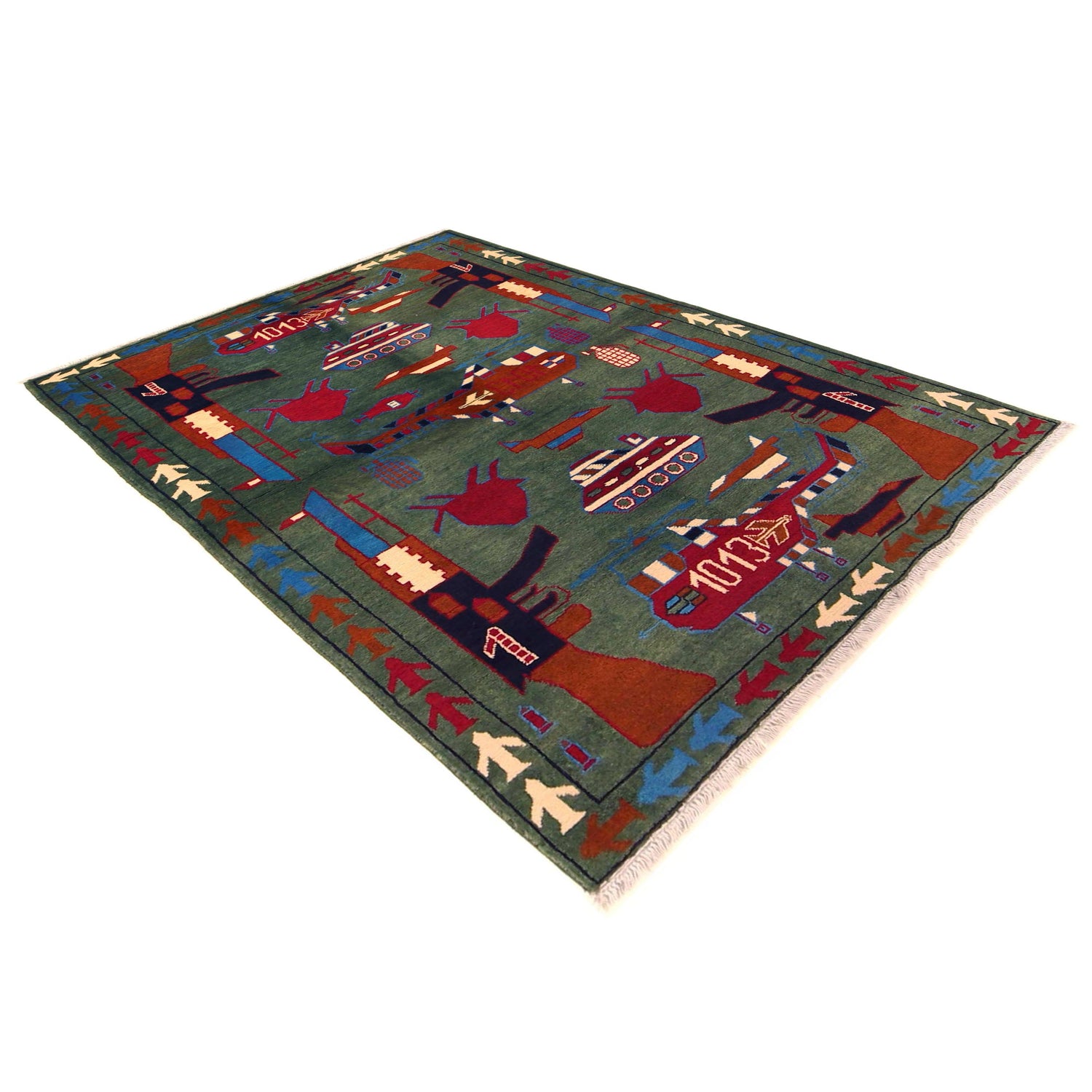 War Area Rug Handmade Green Tank + Helicopter + Riffle 4x6