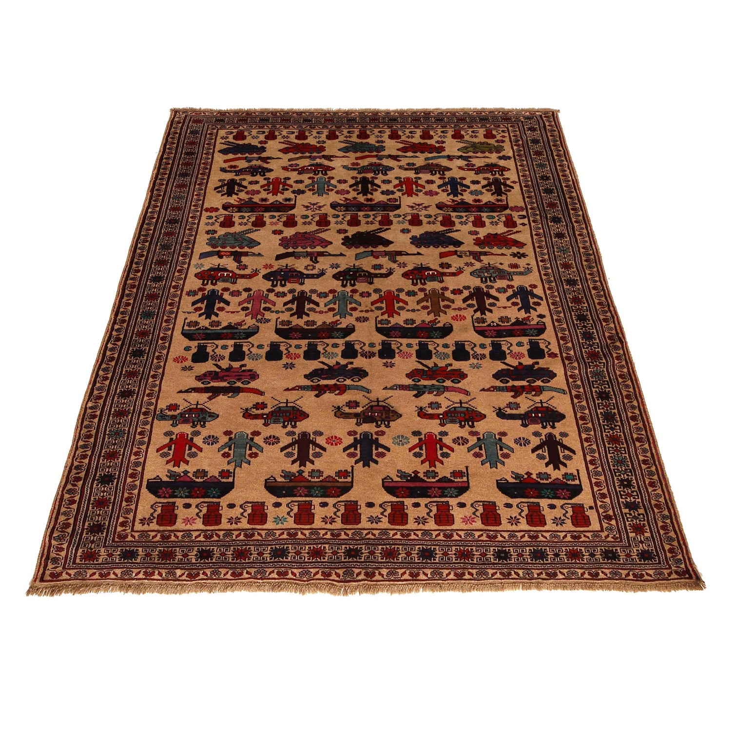 War Area Rug Handmade Brown Tank + Riffle + Helicopter 7x10