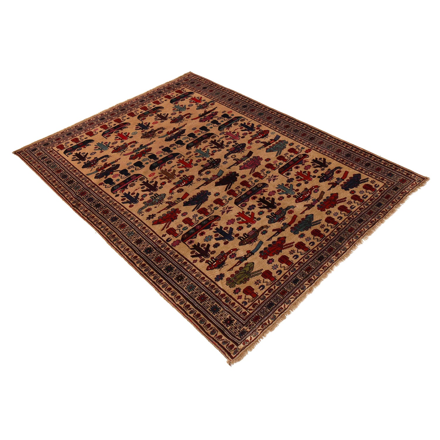 War Area Rug Handmade Brown Tank + Riffle + Helicopter 7x10