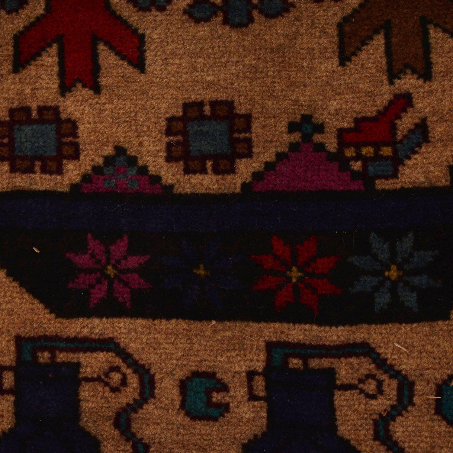 War Area Rug Handmade Brown Tank + Riffle + Helicopter 7x10