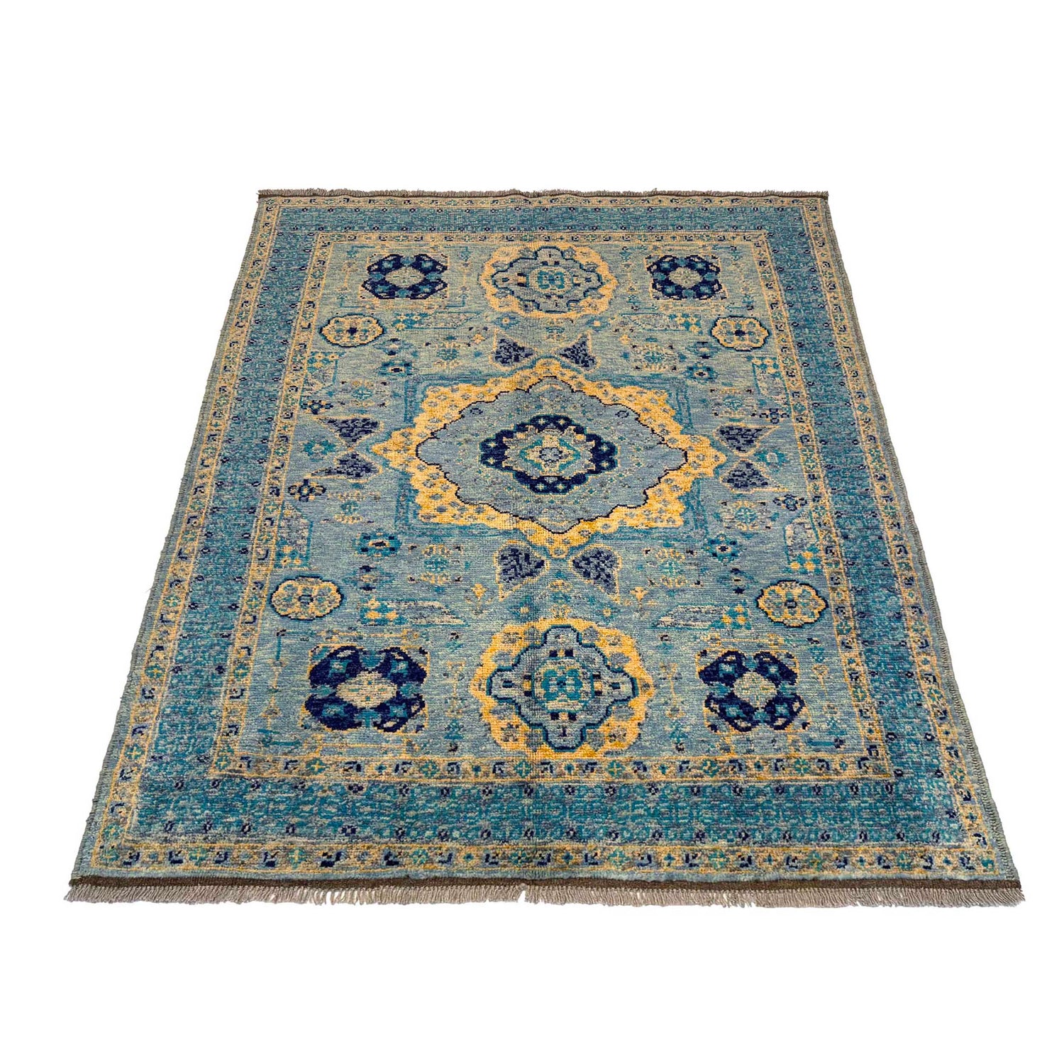 Mamluk Area Rug Handmade Blue Medallion 4x7 ft