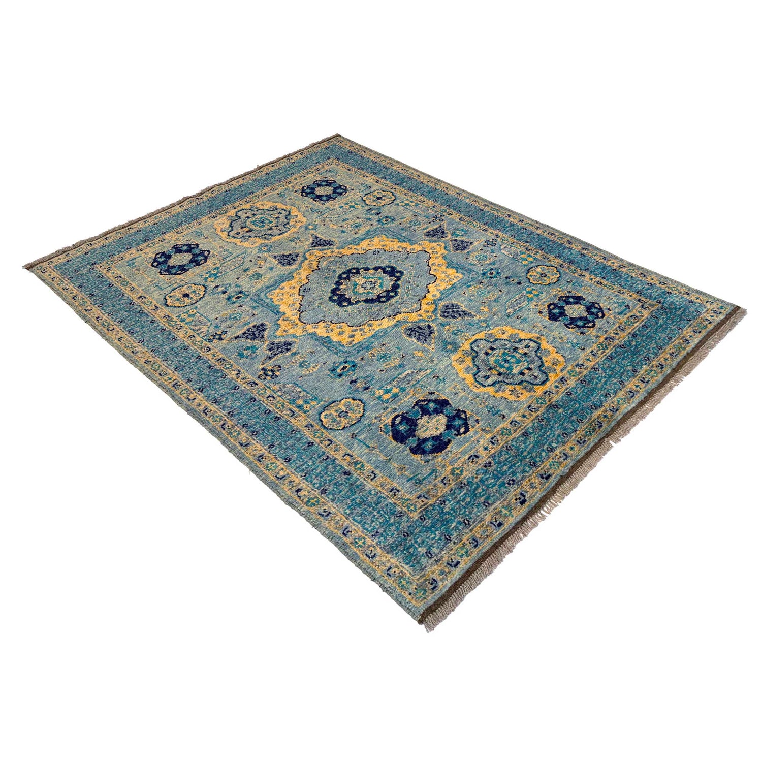 Mamluk Area Rug Handmade Blue Medallion 4x7 ft