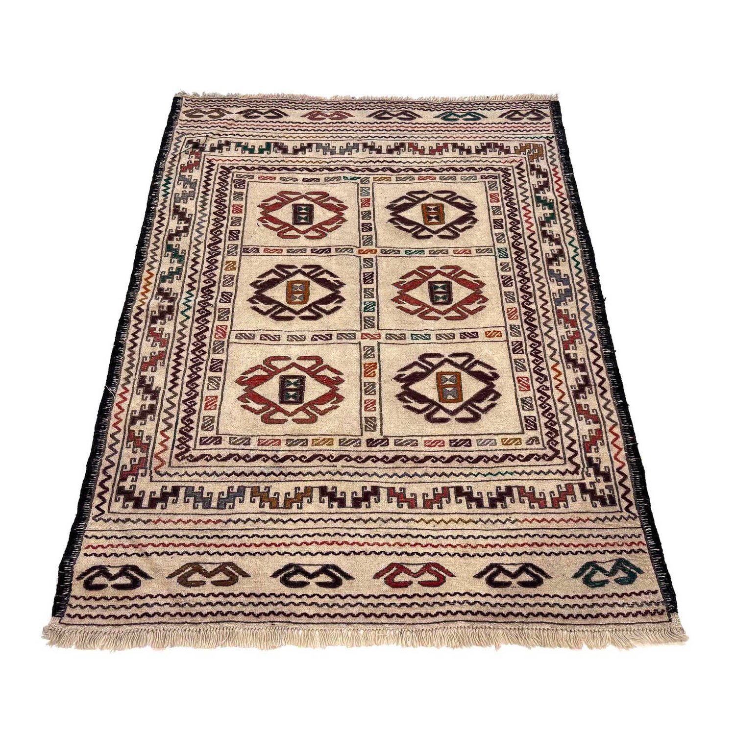 Soumak Kilim Area Rug Handmade White Pictorial 4x6 ft