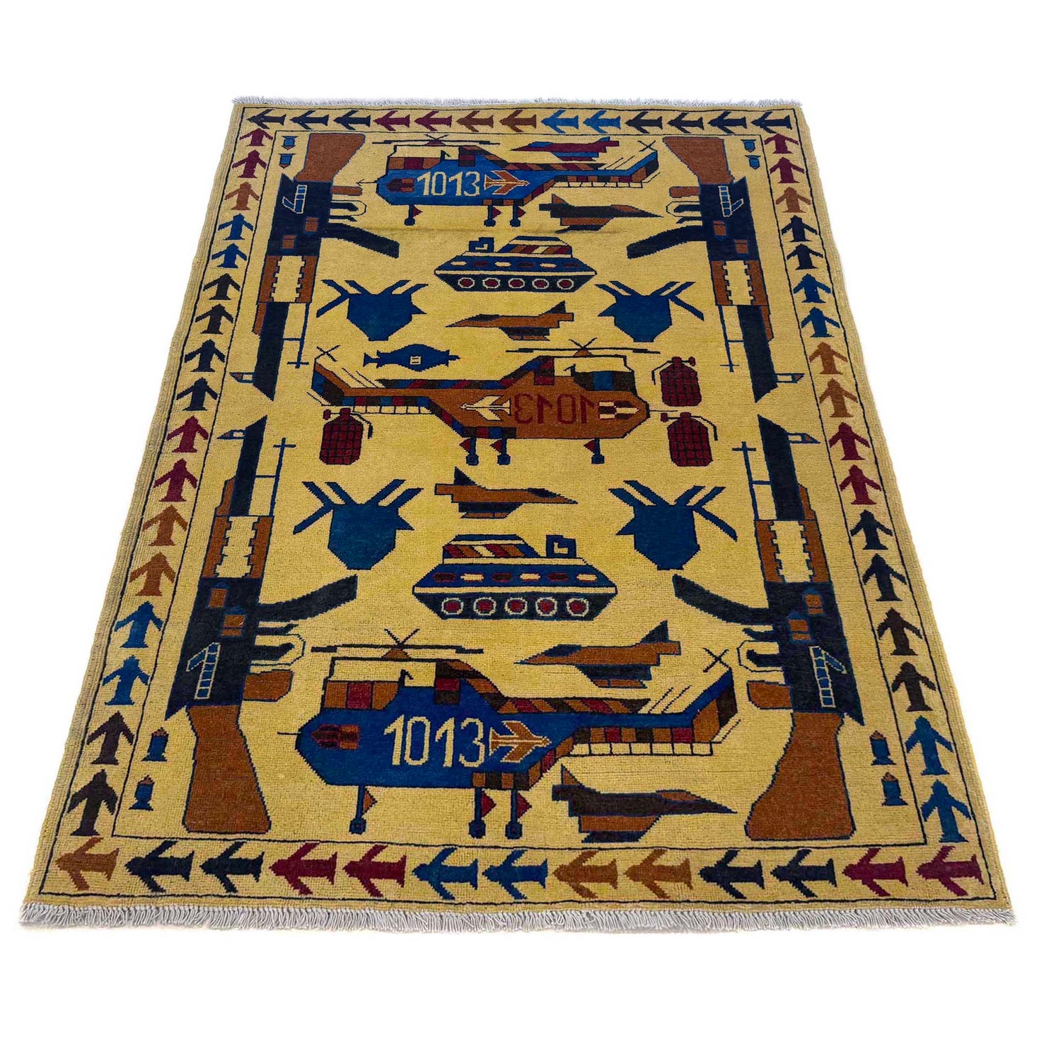 War Area Rug Handmade Yellow Tank + Helicopter + Riffle +