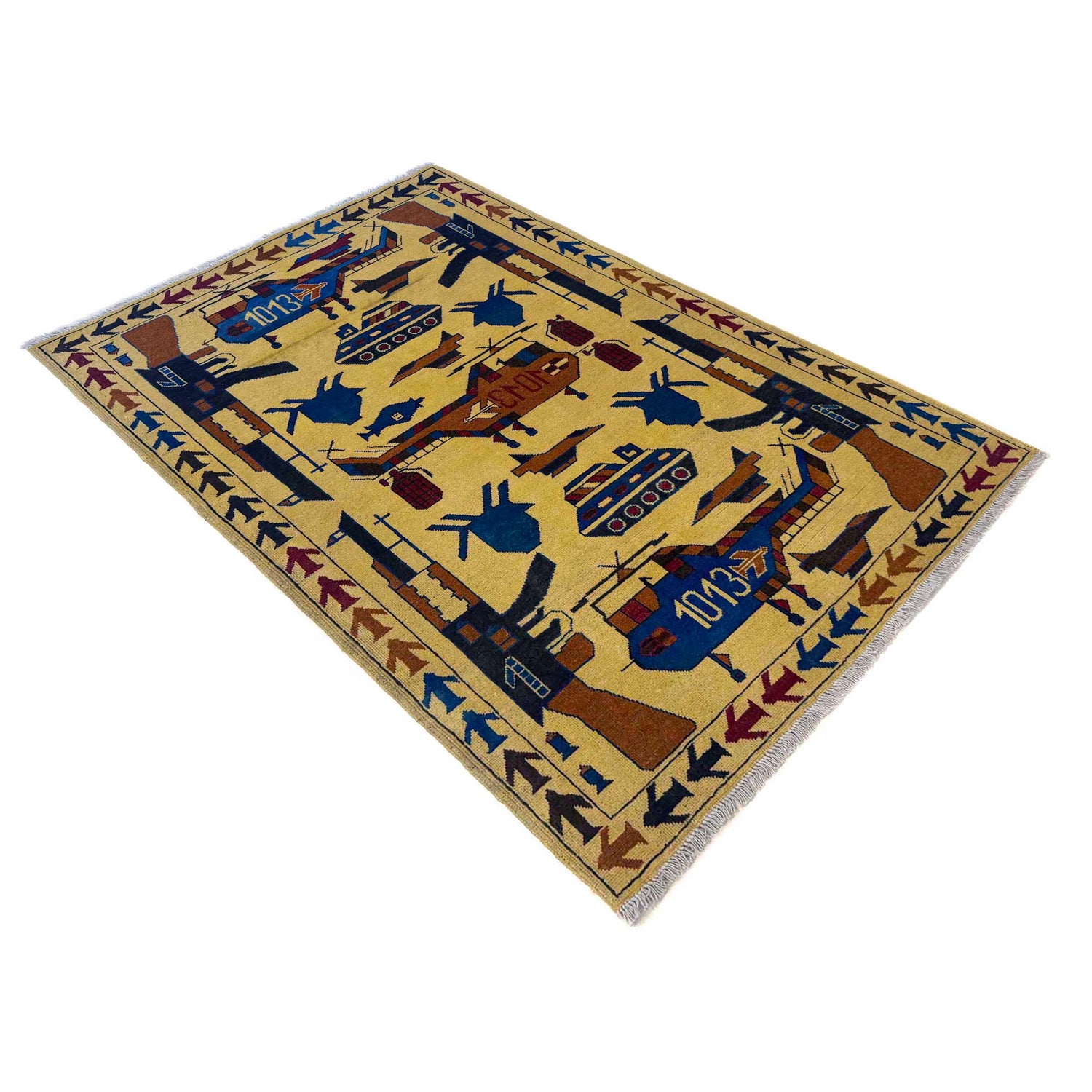 War Area Rug Handmade Yellow Tank + Helicopter + Riffle +