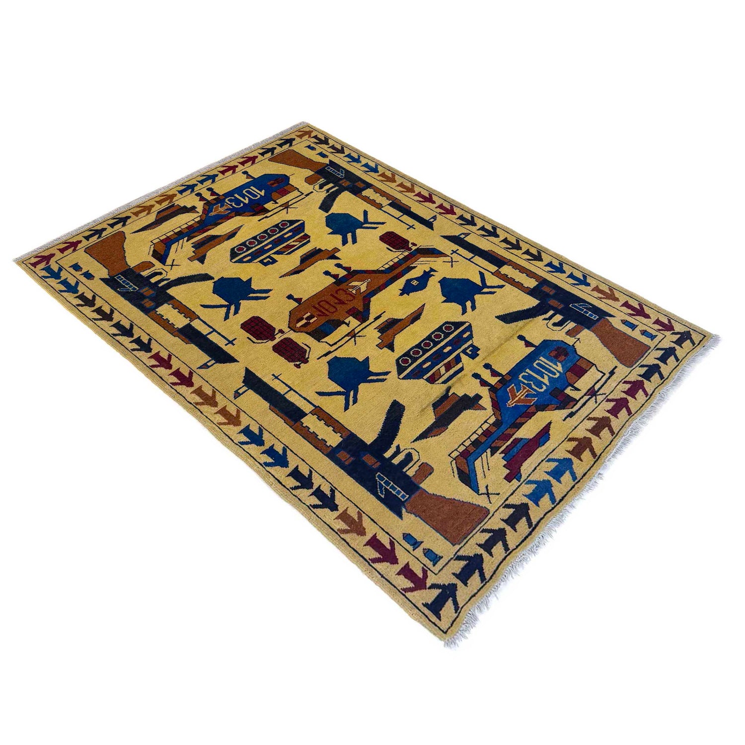 War Area Rug Handmade Yellow Tank + Helicopter + Riffle +