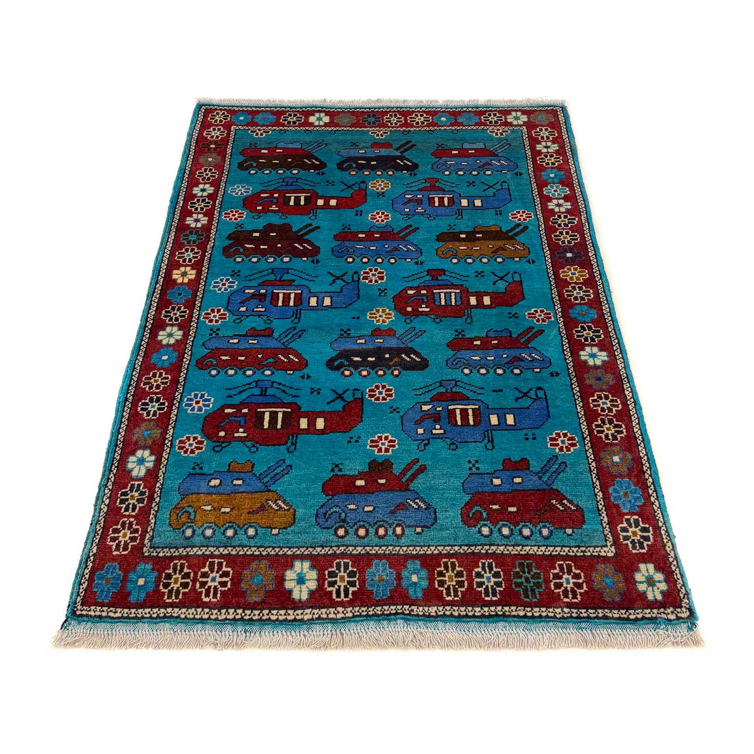 War Area Rug Handmade Blue Tank + Helicopter 2x4 ft