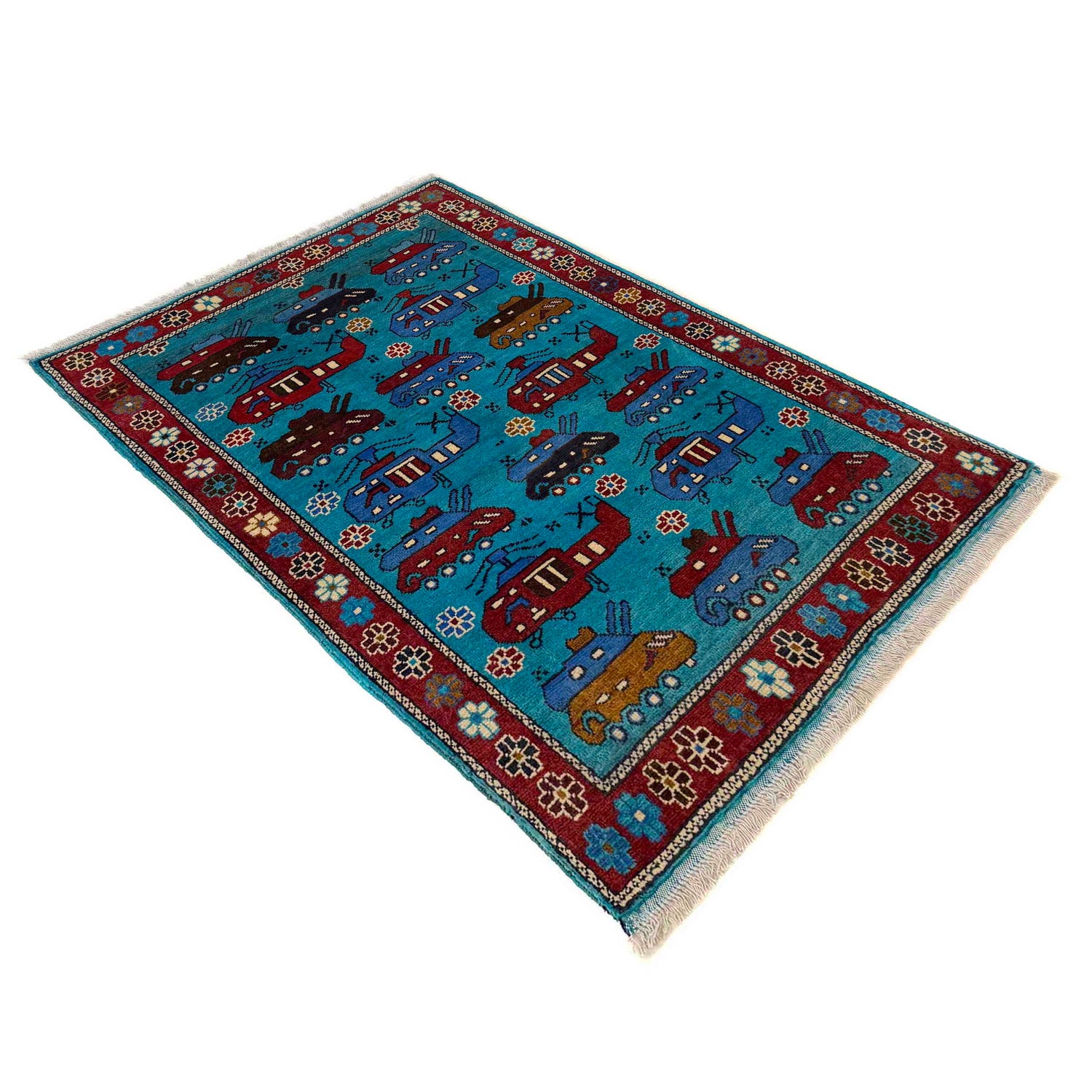 War Area Rug Handmade Blue Tank + Helicopter 2x4 ft
