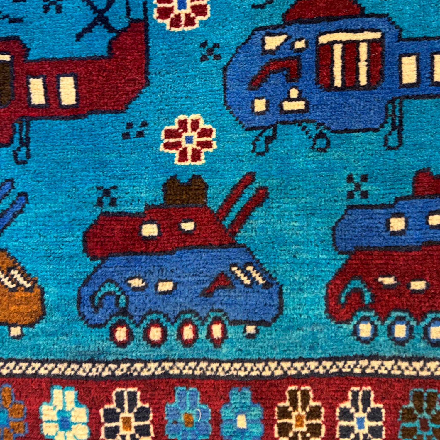 War Area Rug Handmade Blue Tank + Helicopter 2x4 ft