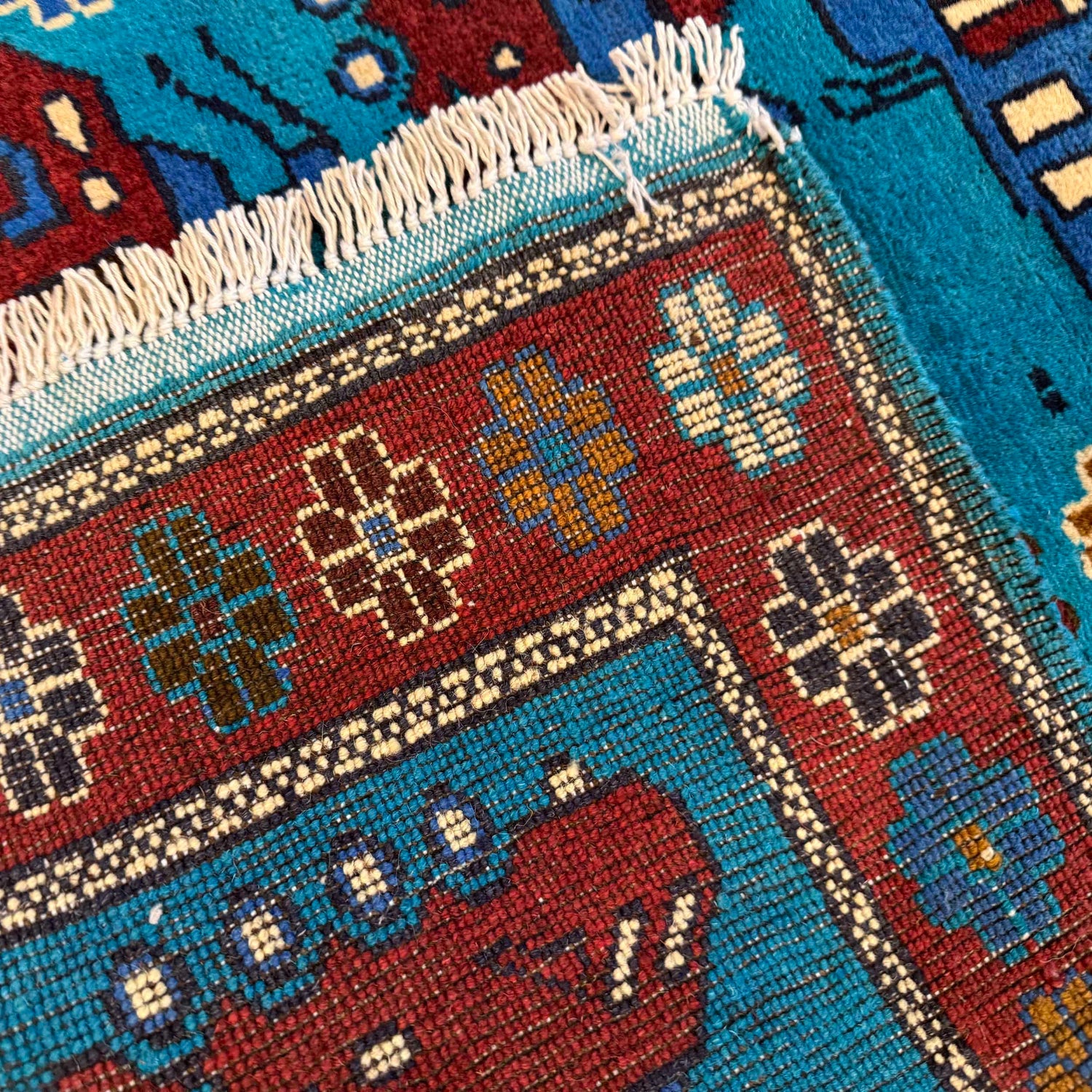 War Area Rug Handmade Blue Tank + Helicopter 2x4 ft
