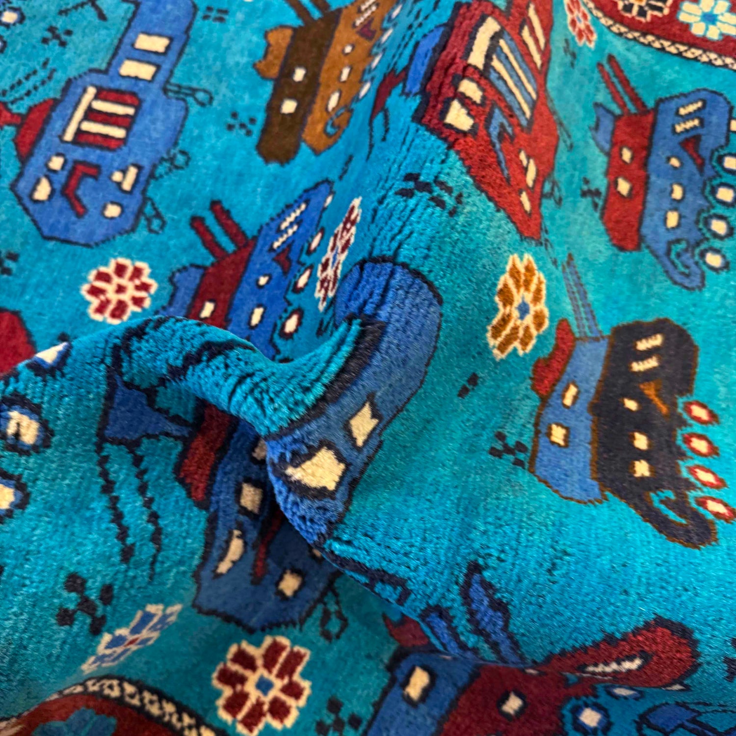 War Area Rug Handmade Blue Tank + Helicopter 2x4 ft