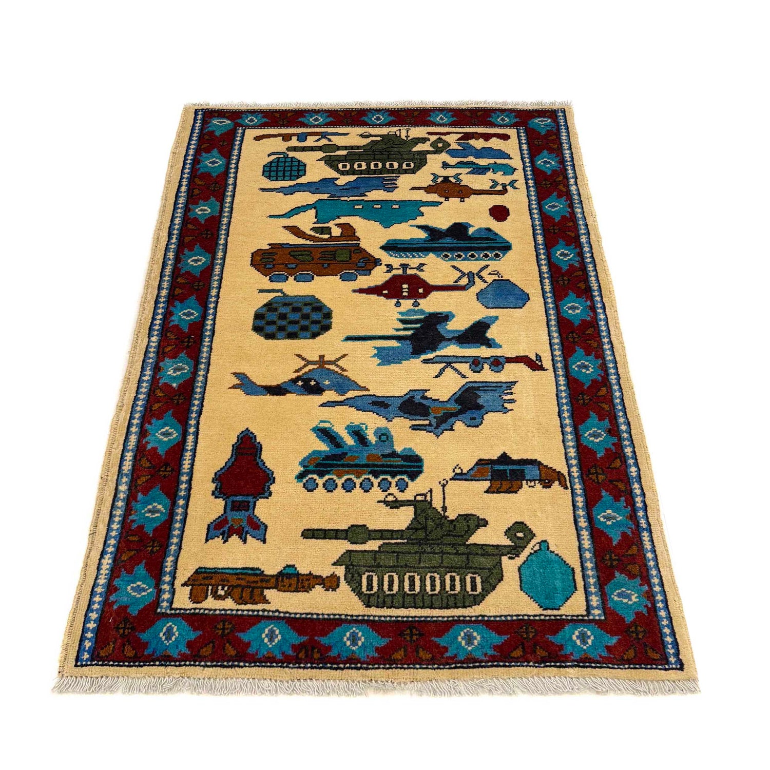 War Area Rug Handmade Beige Riffle + Tank + Helicopter +