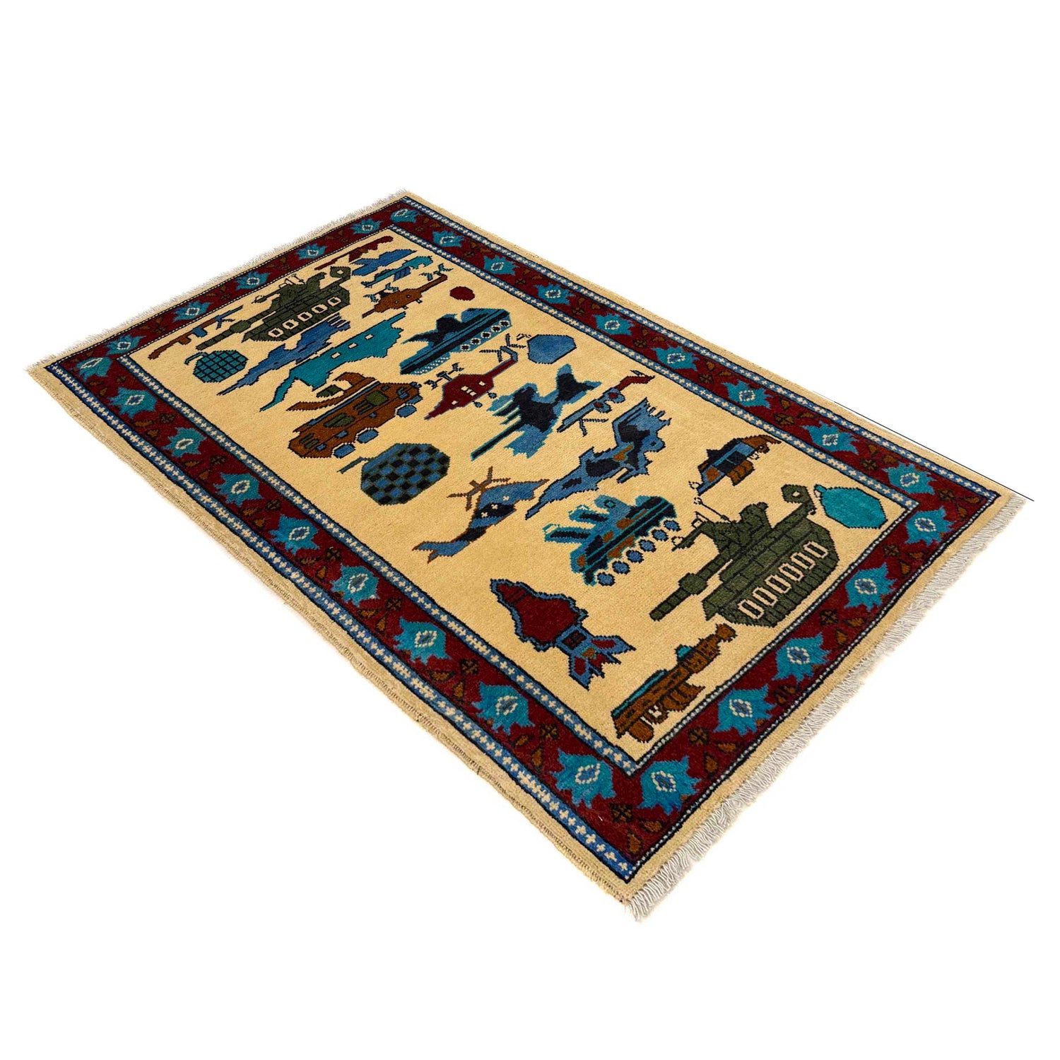 War Area Rug Handmade Beige Riffle + Tank + Helicopter +