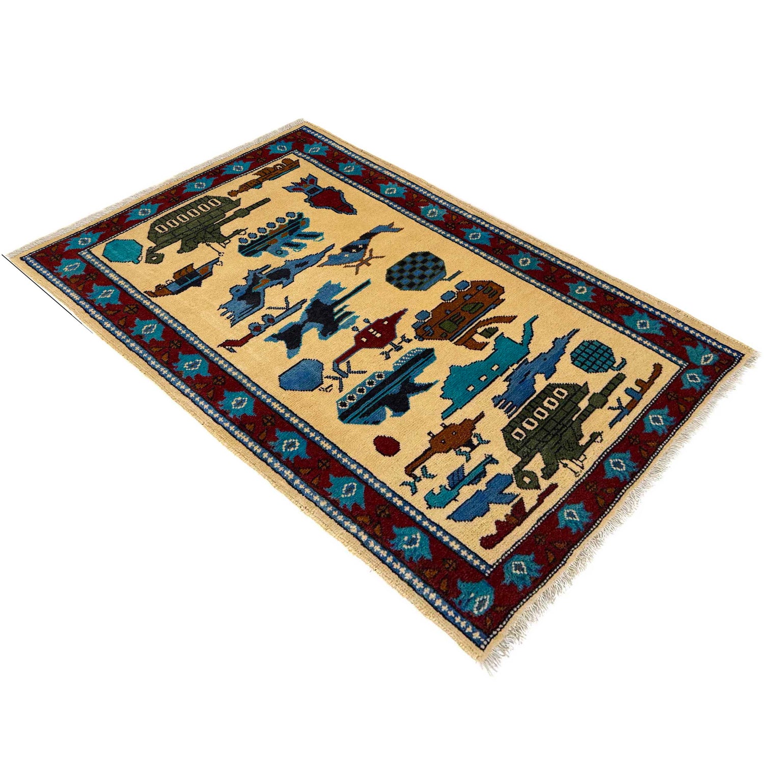 War Area Rug Handmade Beige Riffle + Tank + Helicopter +