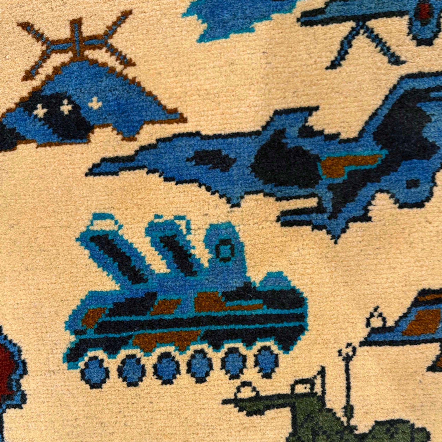 War Area Rug Handmade Beige Riffle + Tank + Helicopter +