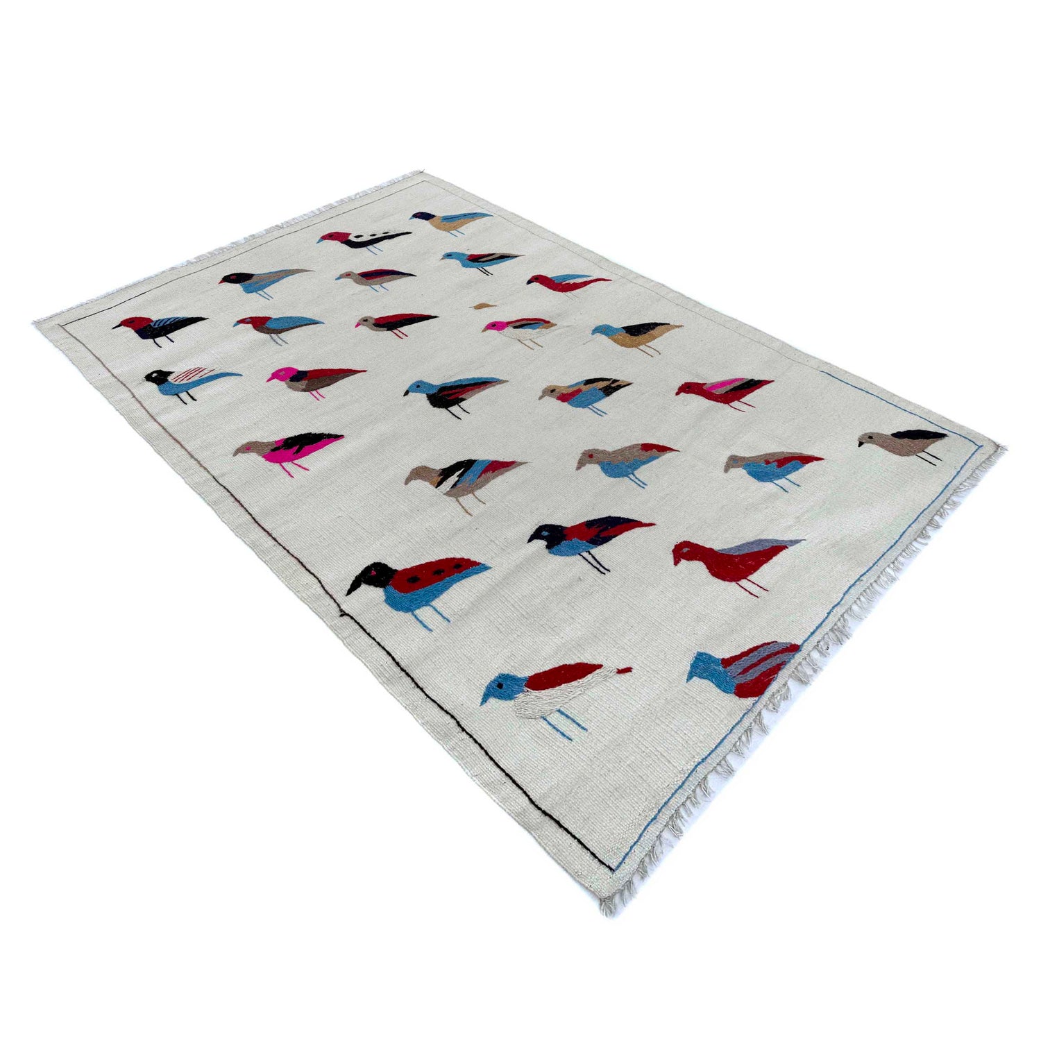 Embroidery Kilim Area Rug Handmade Beige Animal 4x6 ft