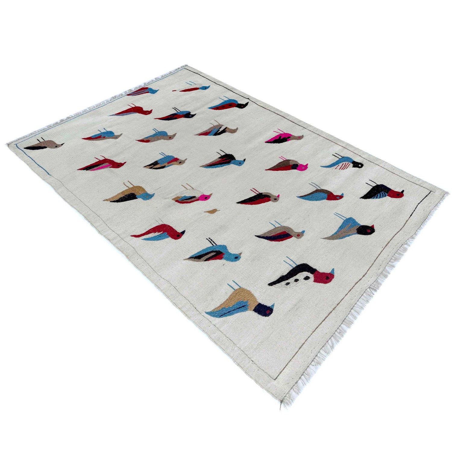 Embroidery Kilim Area Rug Handmade Beige Animal 4x6 ft
