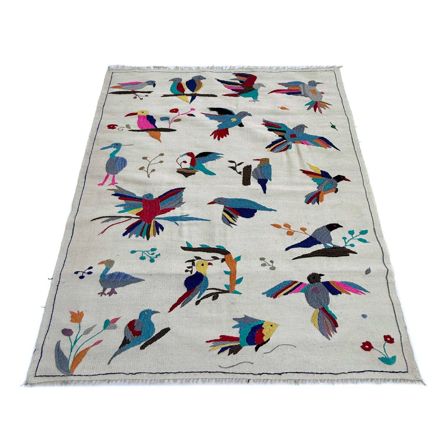 Embroidery Kilim Area Rug Handmade Beige Animal 4x6 ft