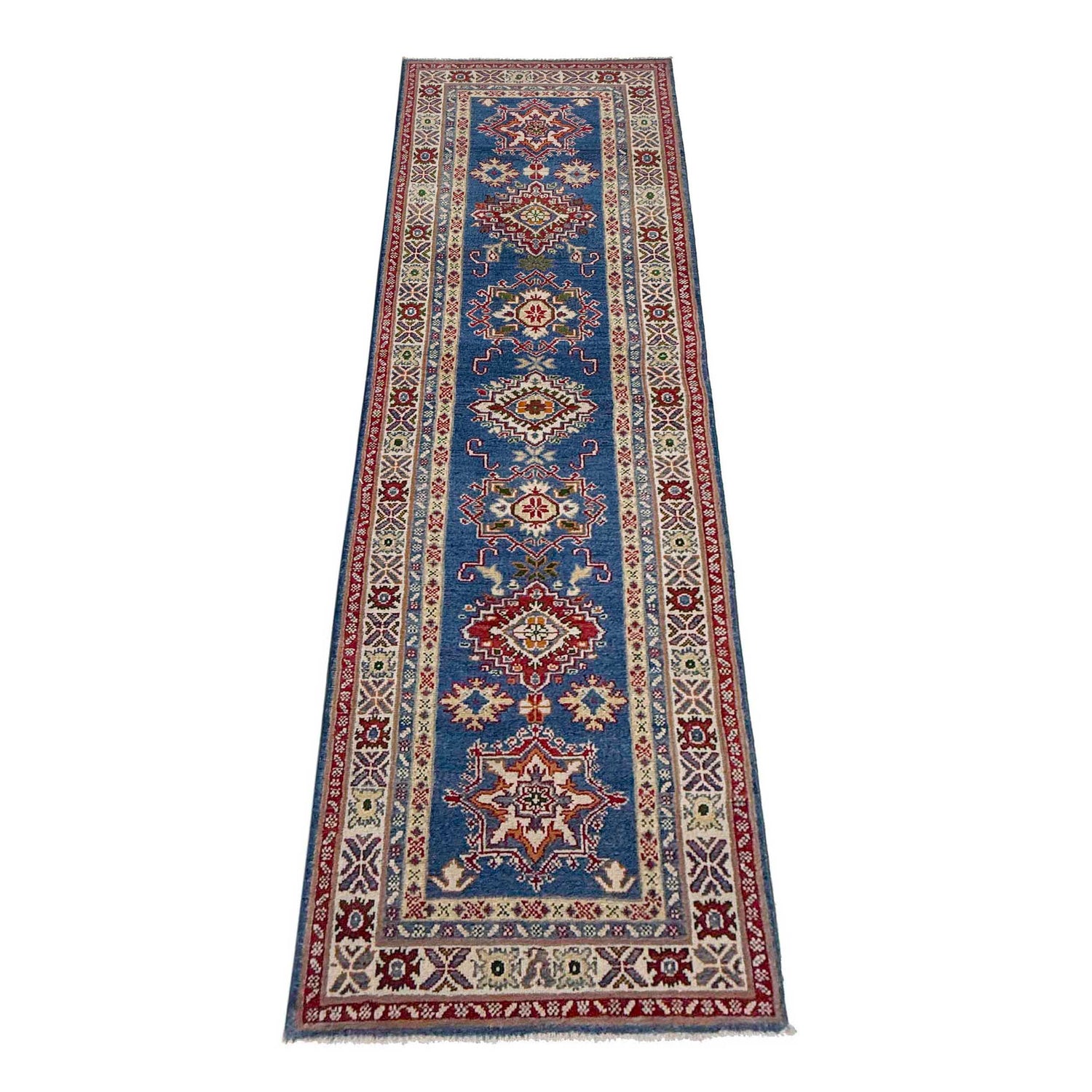 Kazak Rug Handmade Blue Medallion 10' Runner
