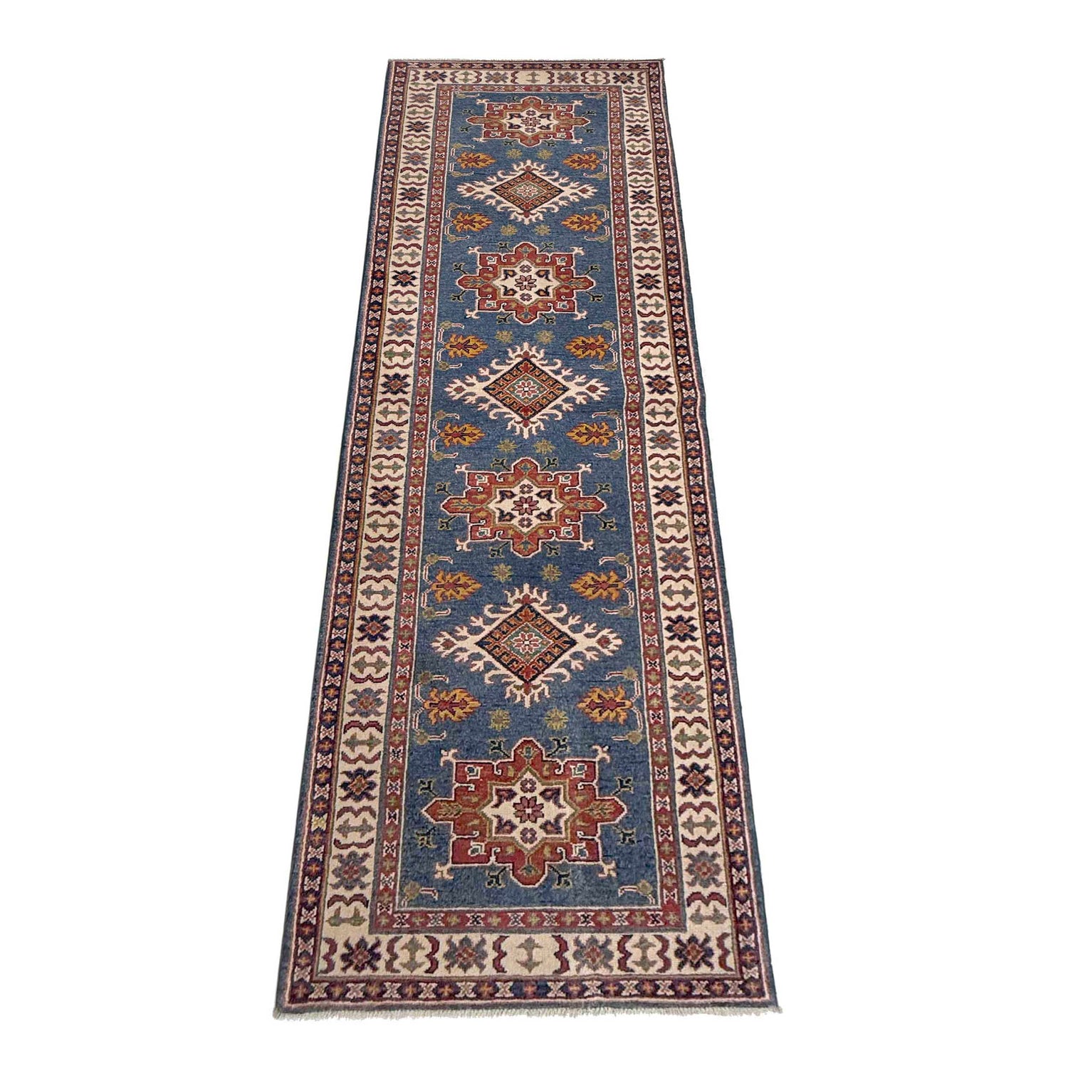 Kazak Rug Handmade Blue Medallion 10' Runner