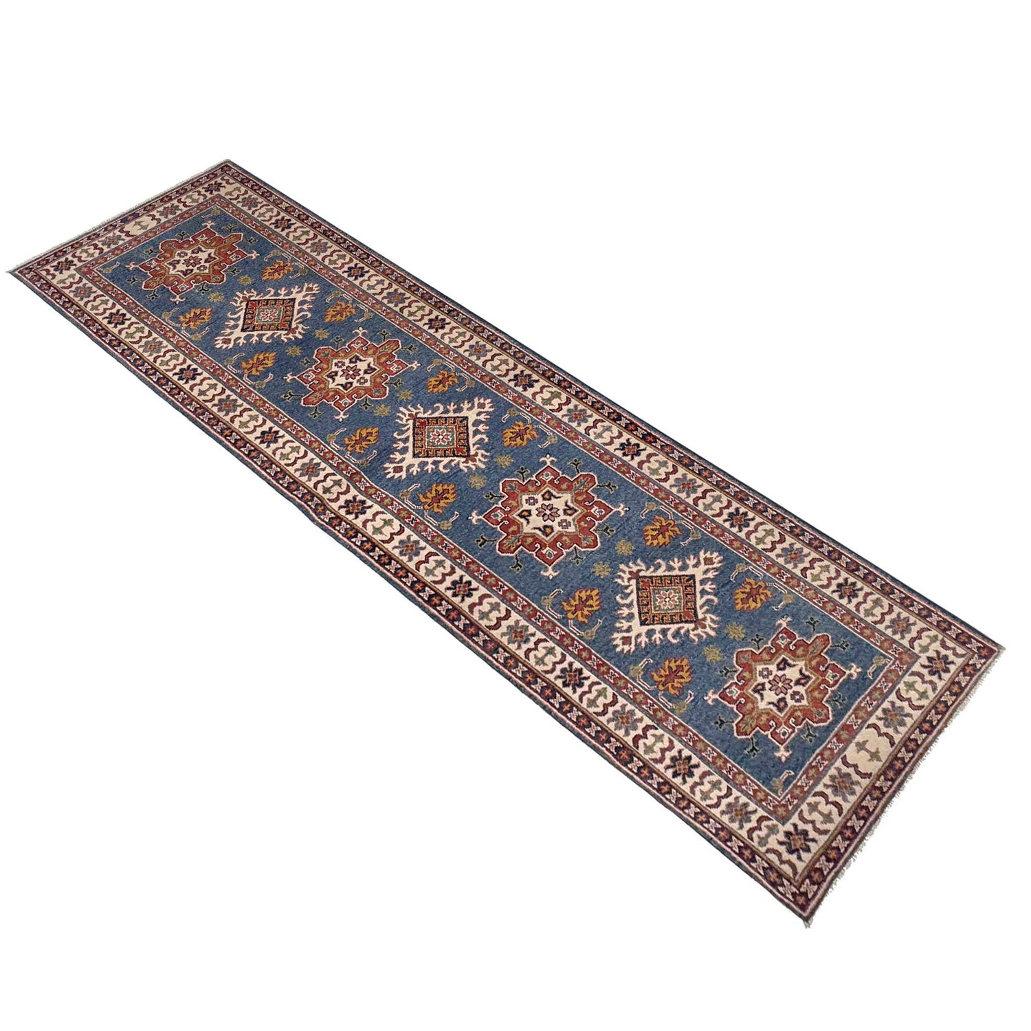 Kazak Rug Handmade Blue Medallion 10' Runner