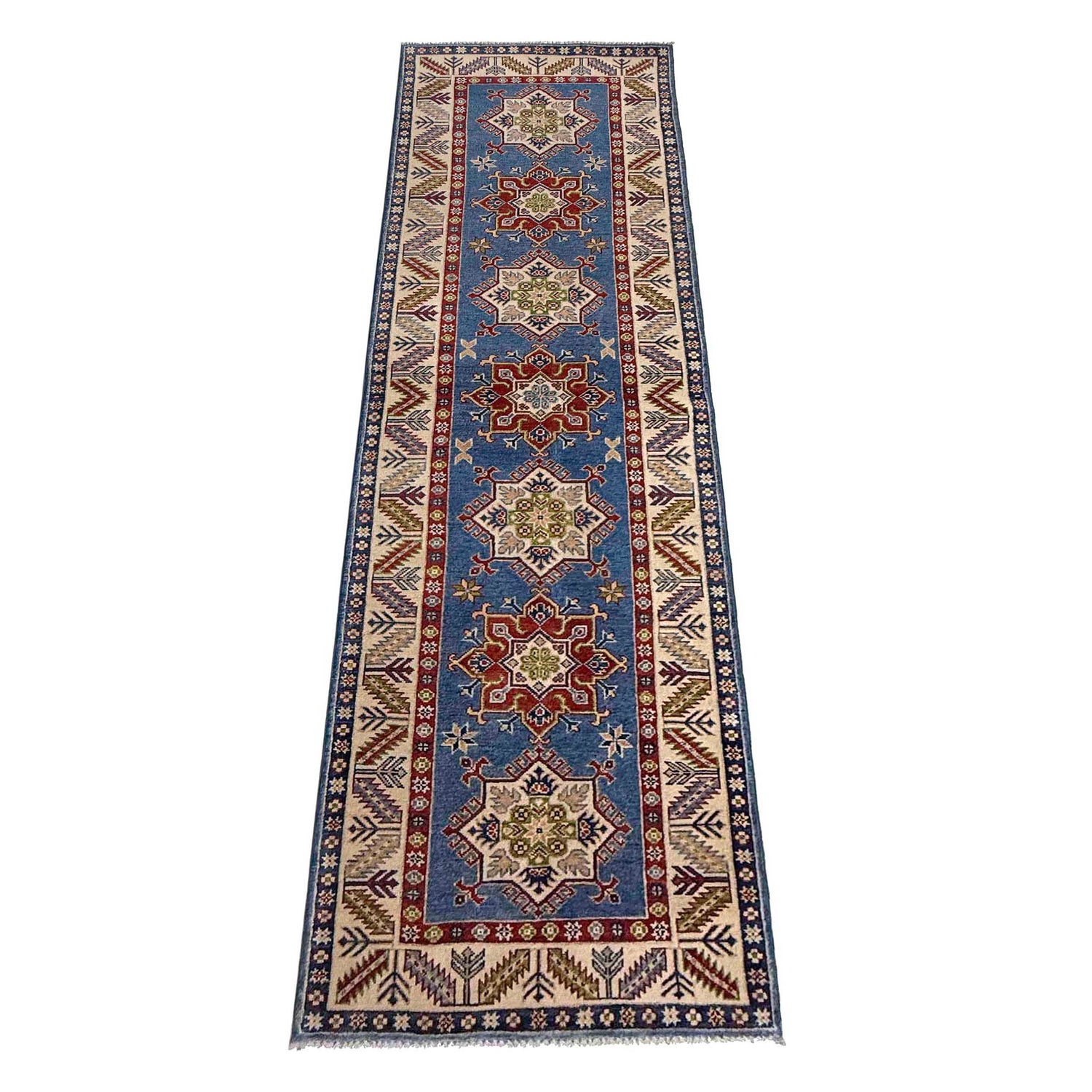 Kazak Rug Handmade Blue Medallion 10' Runner
