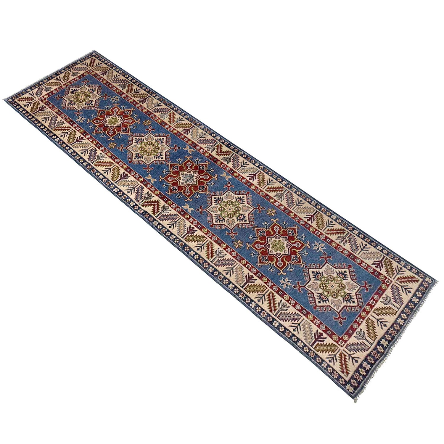 Kazak Rug Handmade Blue Medallion 10' Runner