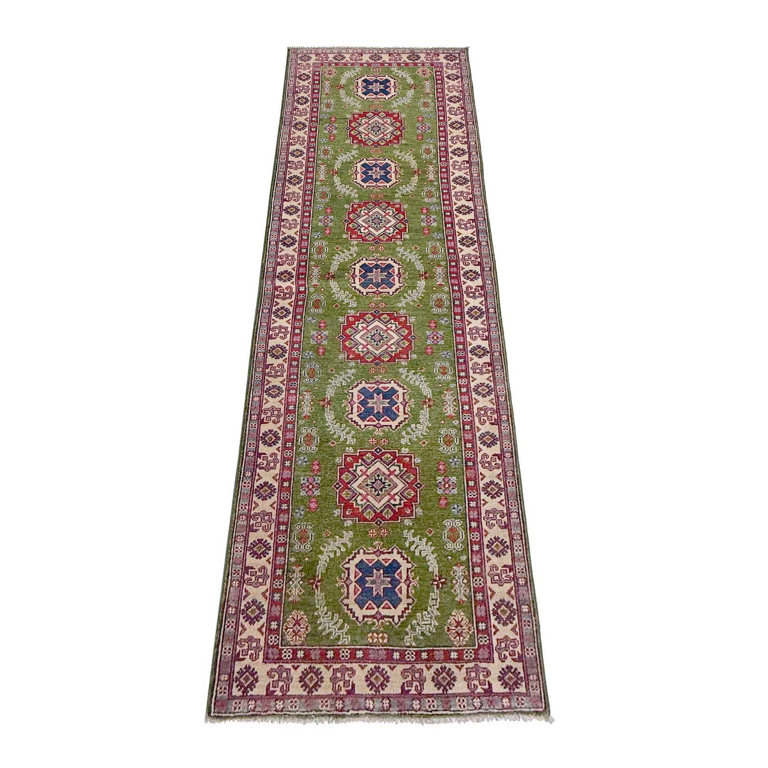 Kazak Rug Handmade Green Medallion 10' Runner