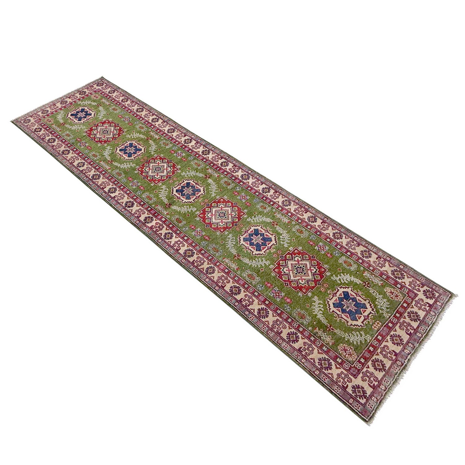 Kazak Rug Handmade Green Medallion 10' Runner