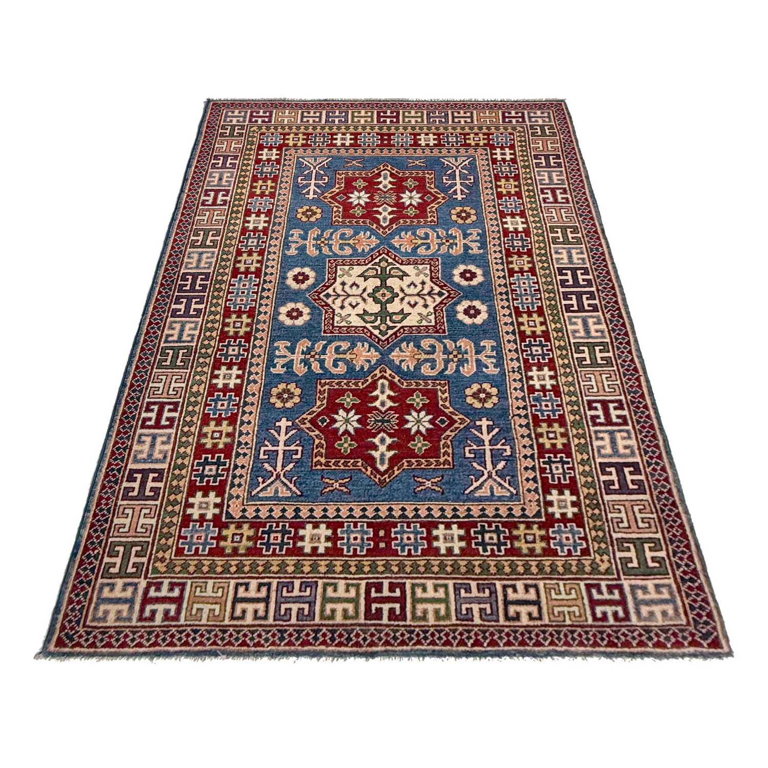 Kazak Rug Handmade Blue Medallion 4x6 ft
