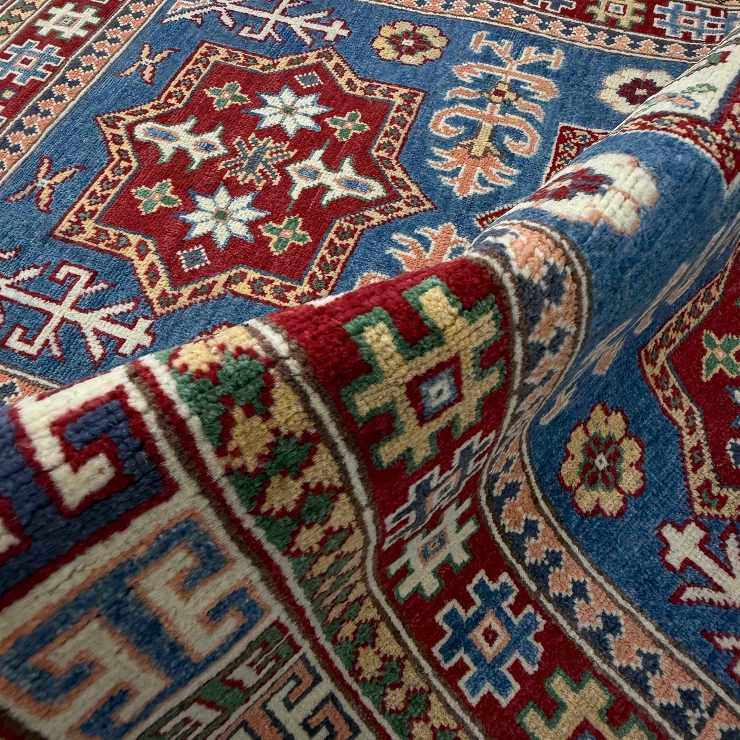 Kazak Rug Handmade Blue Medallion 4x6 ft
