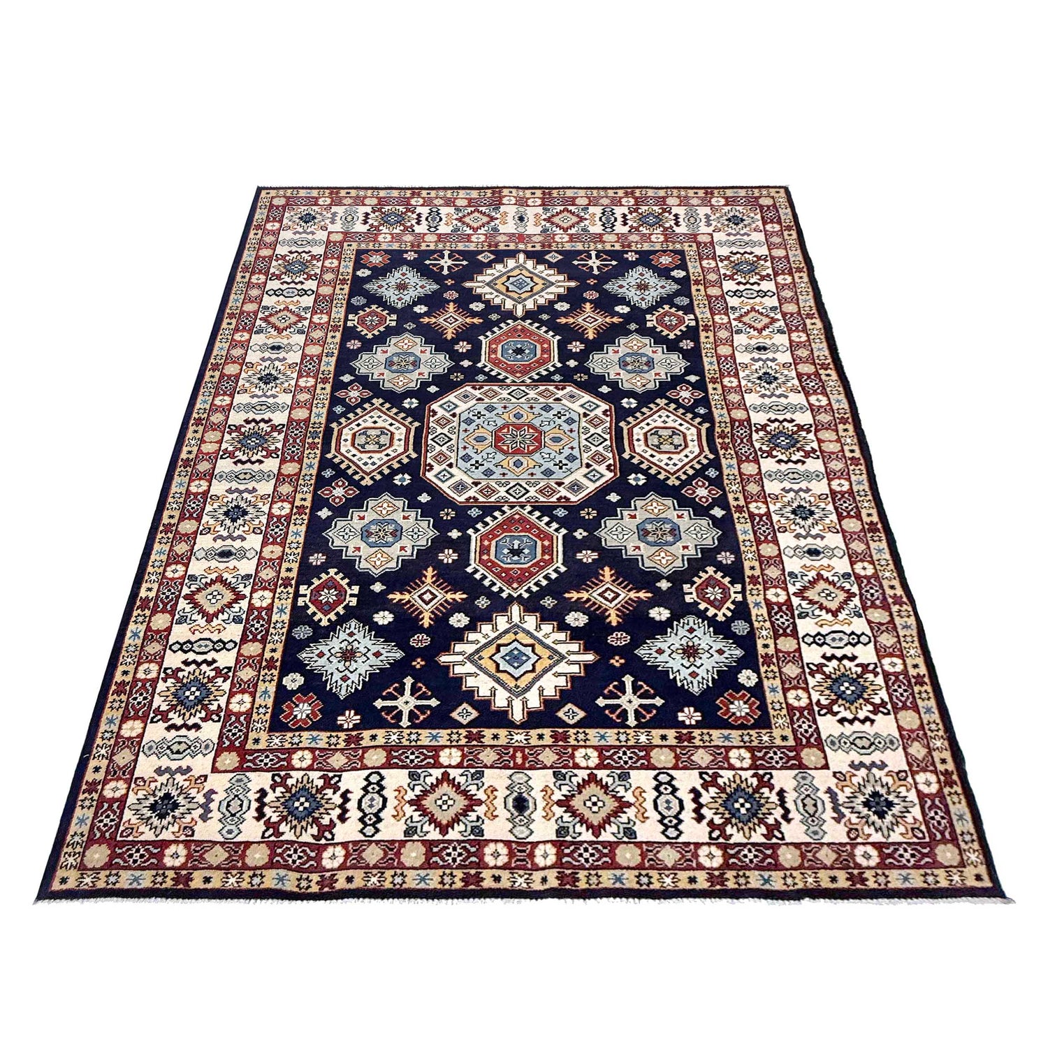 Kazak Rug Handmade Blue Medallion 7x10 ft