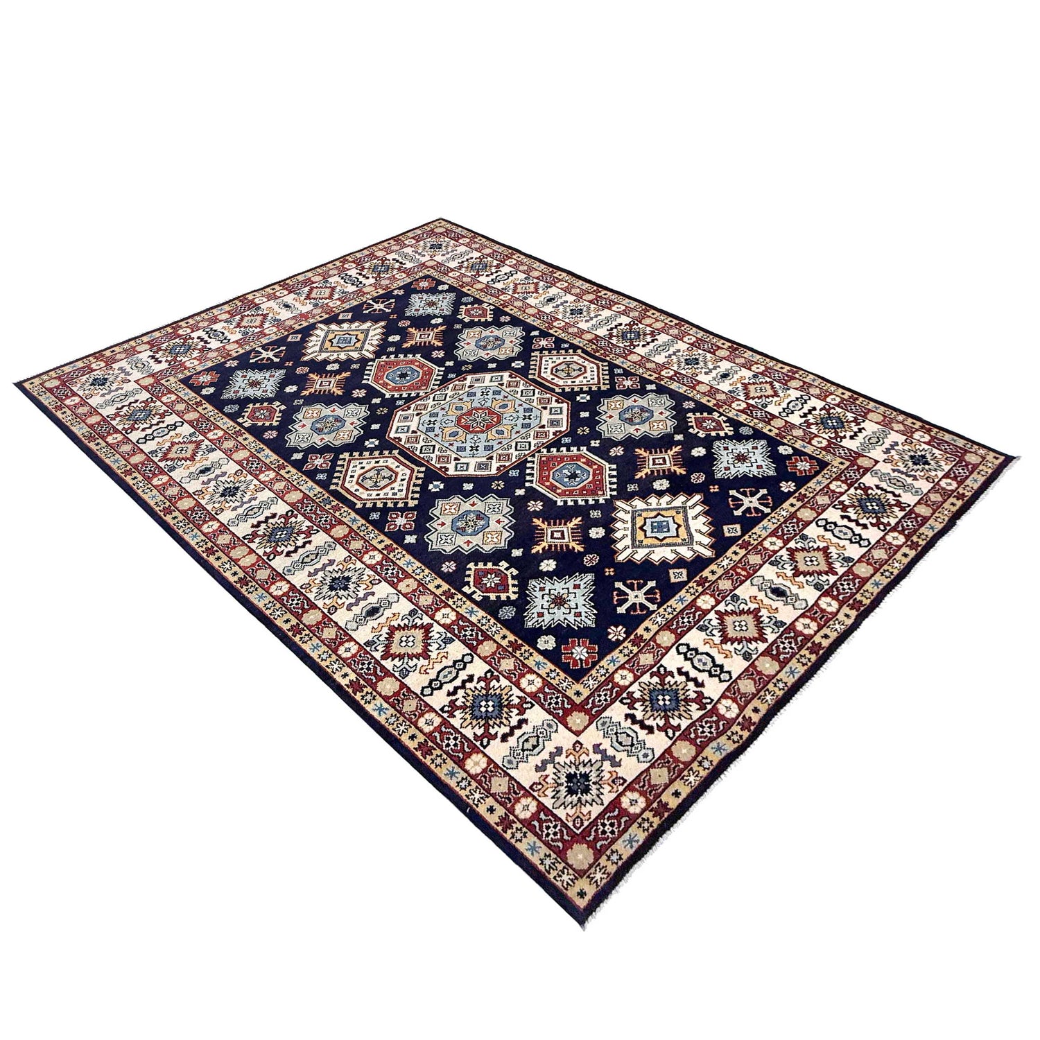 Kazak Rug Handmade Blue Medallion 7x10 ft