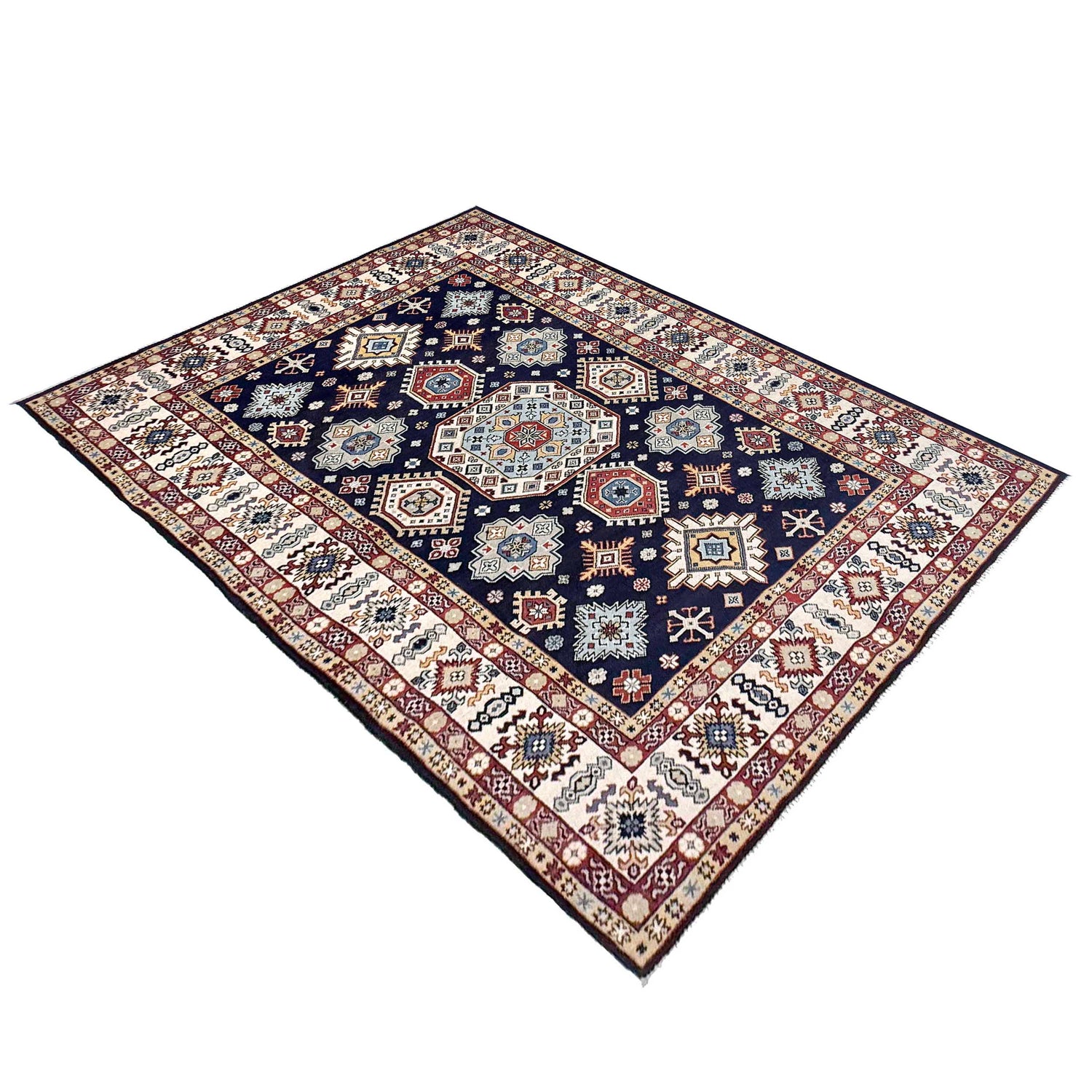 Kazak Rug Handmade Blue Medallion 7x10 ft