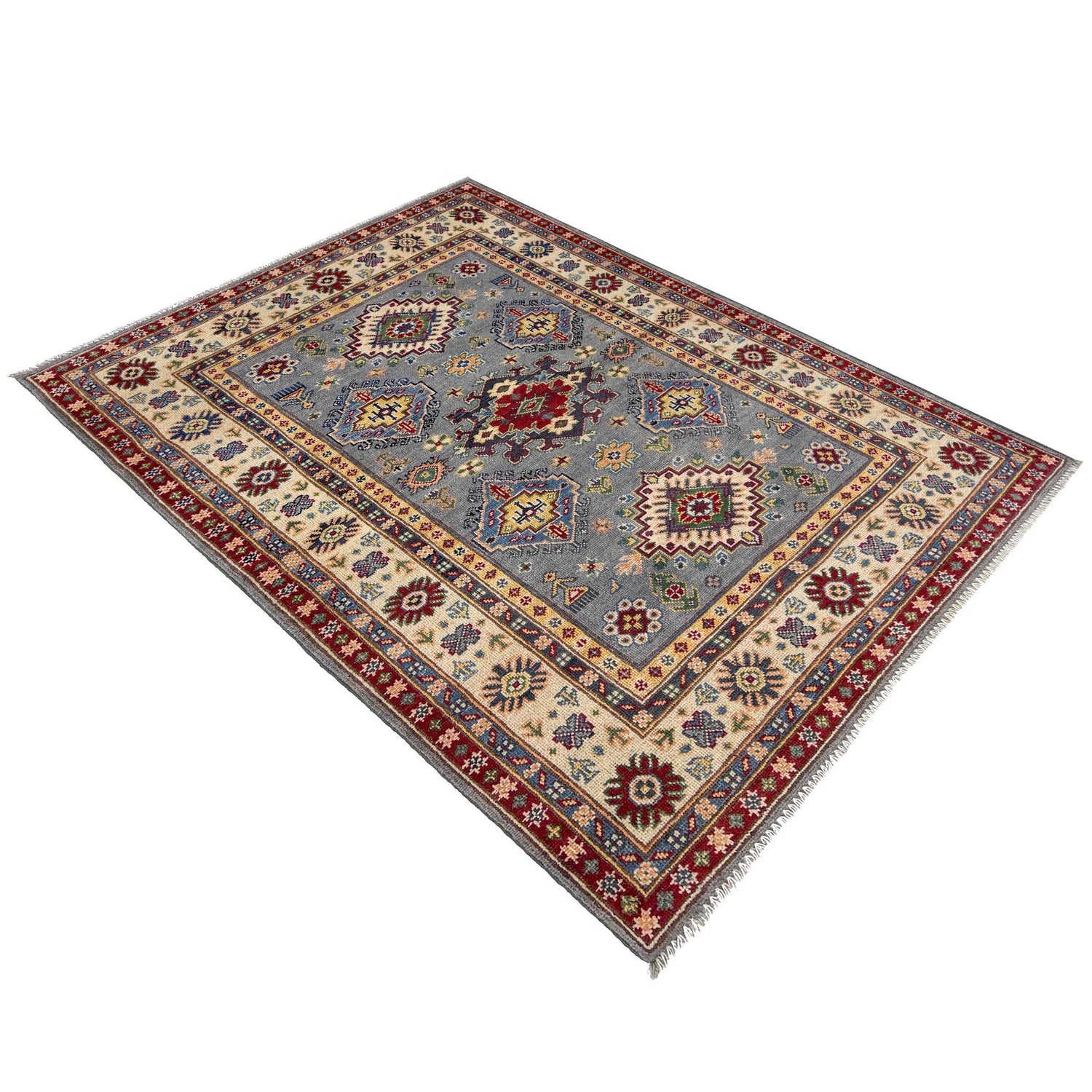 Kazak Rug Handmade Gray Medallion 4x6 ft